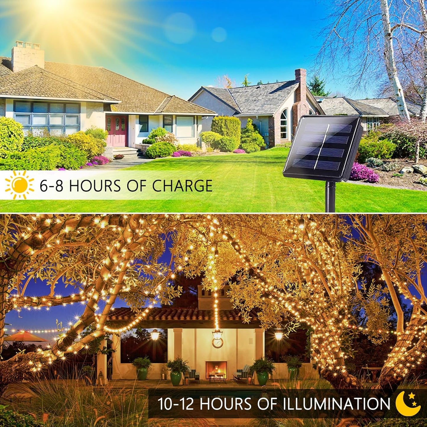 Solar String Lights Outdoor 2 Pack 170FT 480 LED Christmas Light Warm White | IP65 Waterproof, 8 Modes with Memory, Auto On/Off, 1800mAh Battery, up to 12Hr Runtime, Twinkle Lights for Tree Garden Yard