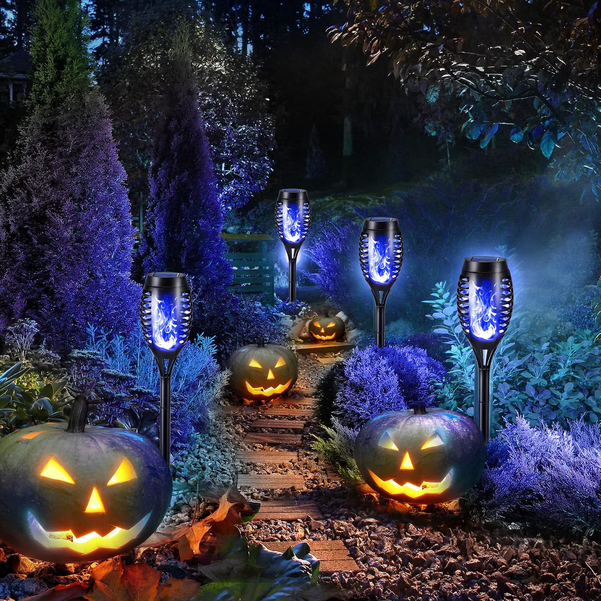 Toodour Solar Torch Flame Lights, 12 Pack Solar Halloween Lights Outdoor | with Flickering Flame, Waterproof Patio Light Landscape Decoration Lighting for Garden Yard Outdoor Halloween Decor - Blue