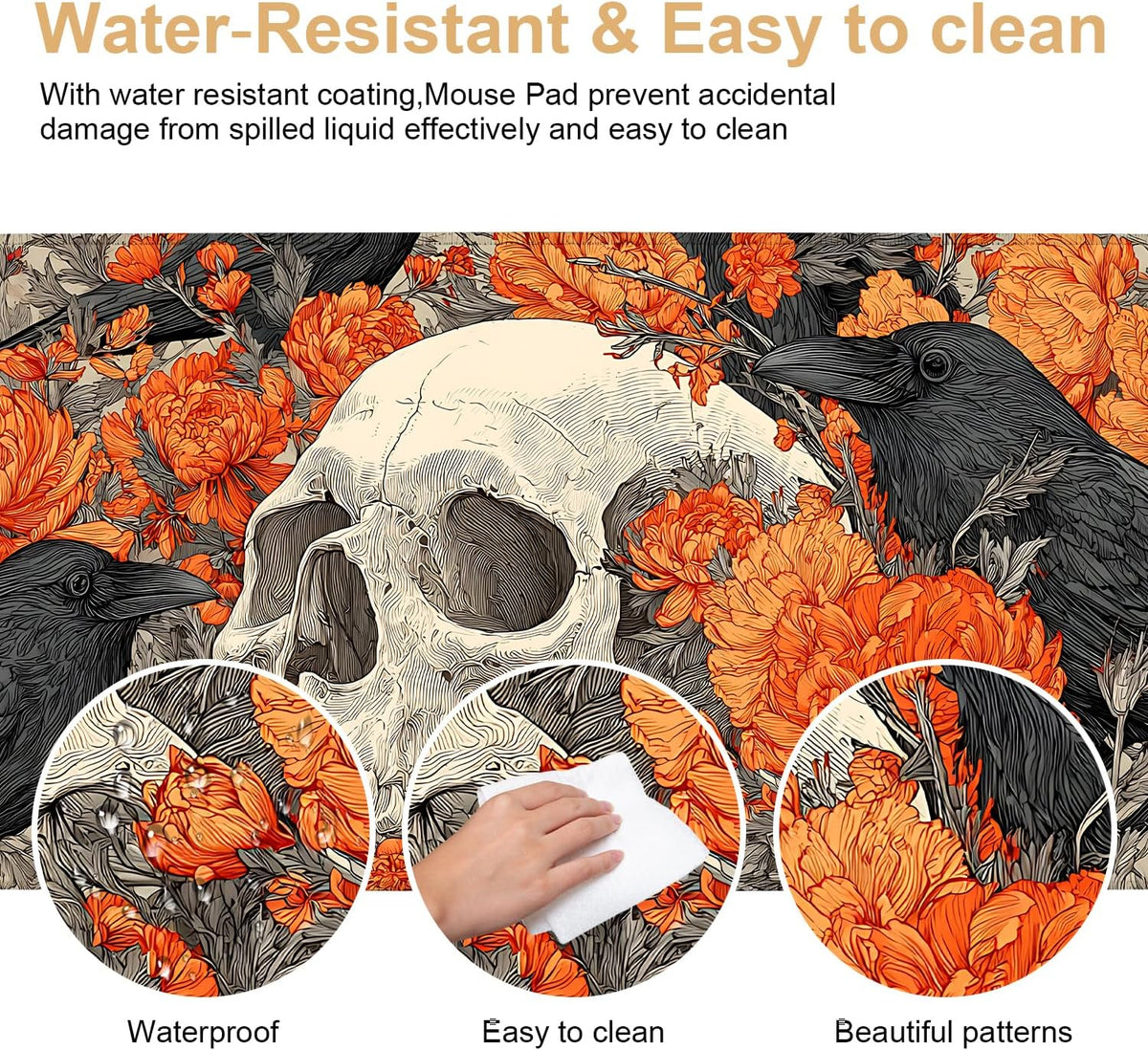 Mouse Pad Desk Mat for Desktop, Large 35.43" x 15.75" Extended Gaming Mousepad with Skull and Raven Design, Waterproof Non-Slip Rubber Base, Computer Laptop Desk Accessories for Women Men Home Office
