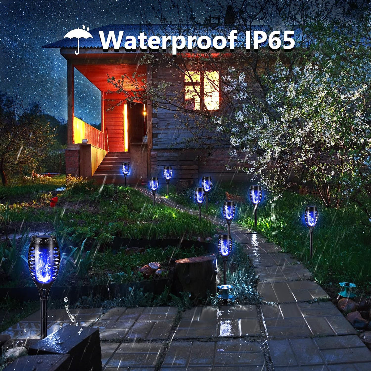 Toodour Solar Torch Flame Lights, 12 Pack Solar Halloween Lights Outdoor | with Flickering Flame, Waterproof Patio Light Landscape Decoration Lighting for Garden Yard Outdoor Halloween Decor - Blue