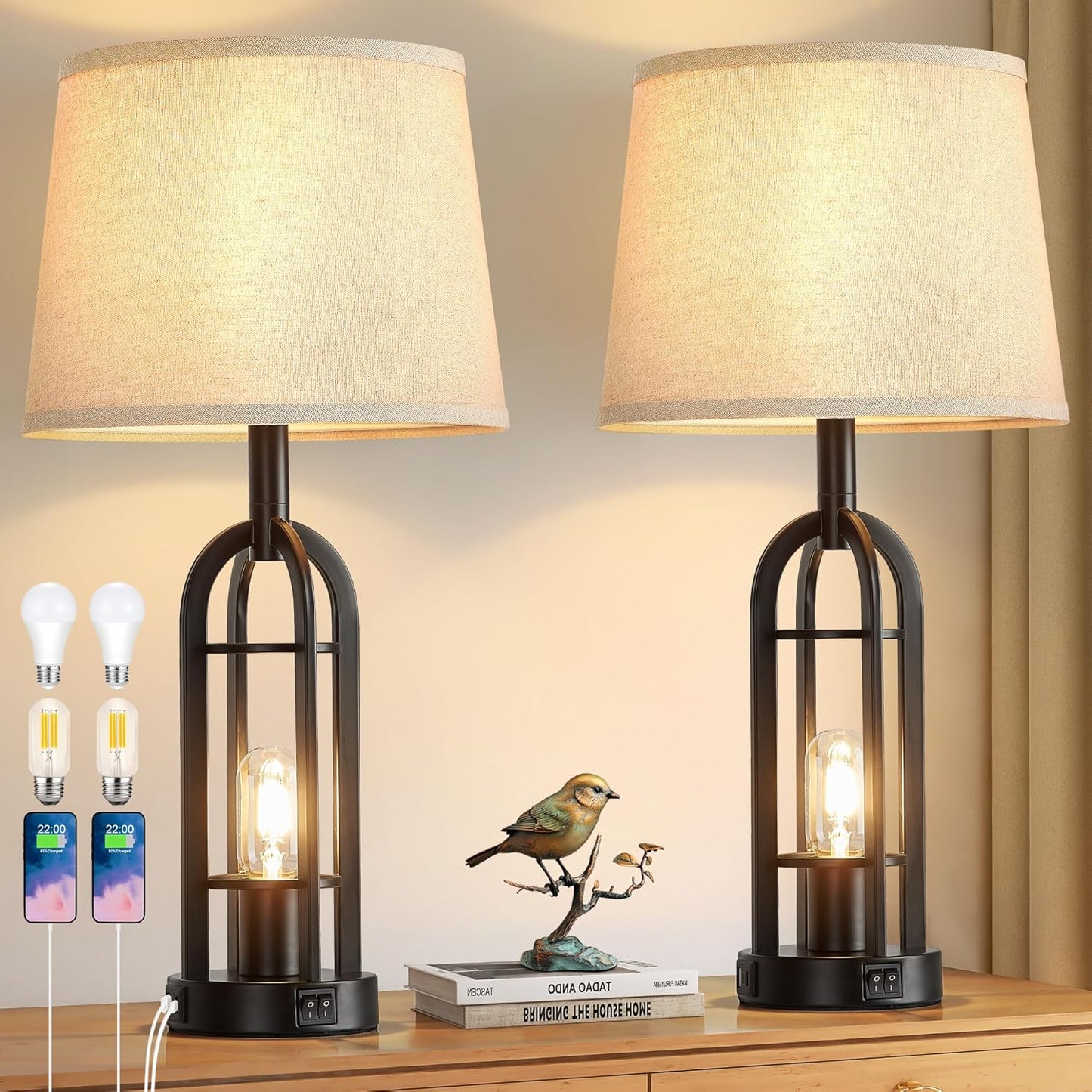 SRJJA Black Table Lamps for Living Room Set of 2 - Farmhouse Lamps for Night Stands with USB A+C, Bedside Lamps for Bedroom, 24'' Industrial Lamp for Living Room End Tables