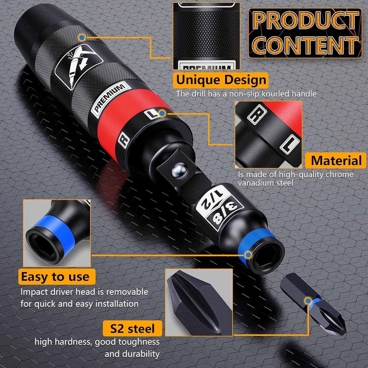 1/2" Hand Impact Screwdriver Set, 13 PCS Manual Reversible Impact Driver Kit, S2 Steel Bits Repair Tool, Disengage Rusted Fasteners or Frozen Bolts