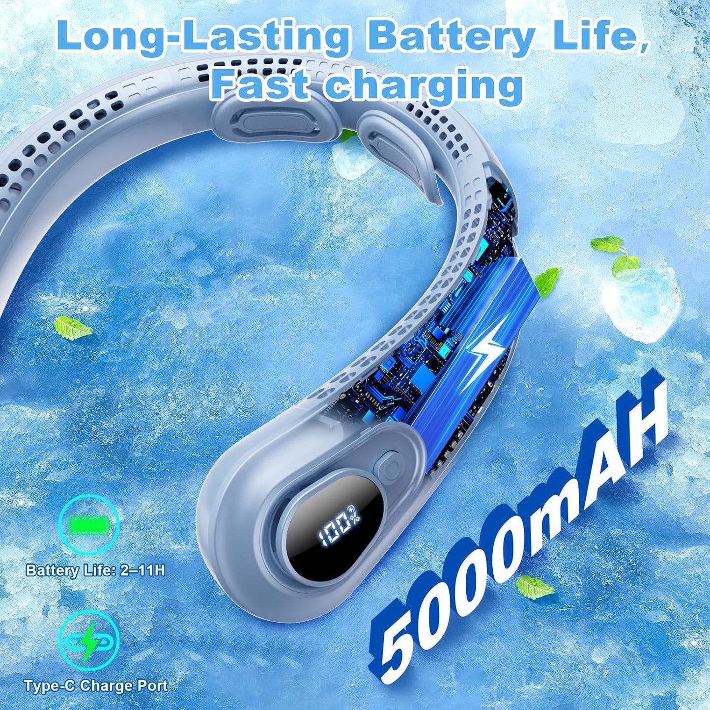 Portable Neck Fan Rechargeable - [with LED Display] 5 Speeds, 5000 mAh Battery Operated Wearable Personal Cooling Bladeless Fan for Outdoor Travel, Gifts for Men Women Kids,Sky Blue
