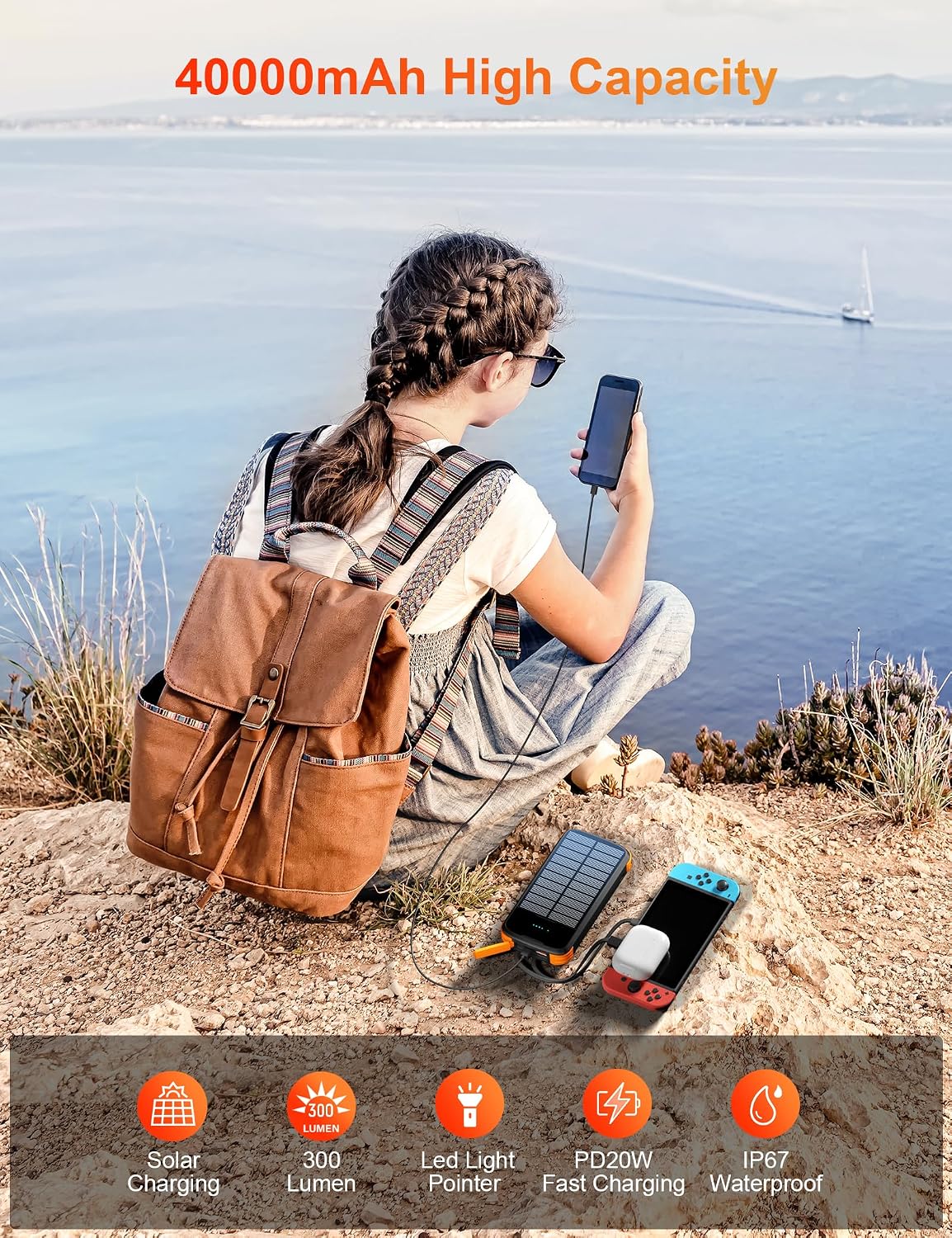 Solar Power Bank 40000mAh PD20W Fast Charging Portable Solar Charger | Built-in 4 Cables, 3 Ports, Dual Bright Flashlight, External Battery Pack for Camping, Hiking, and Outdoor Use, Orange