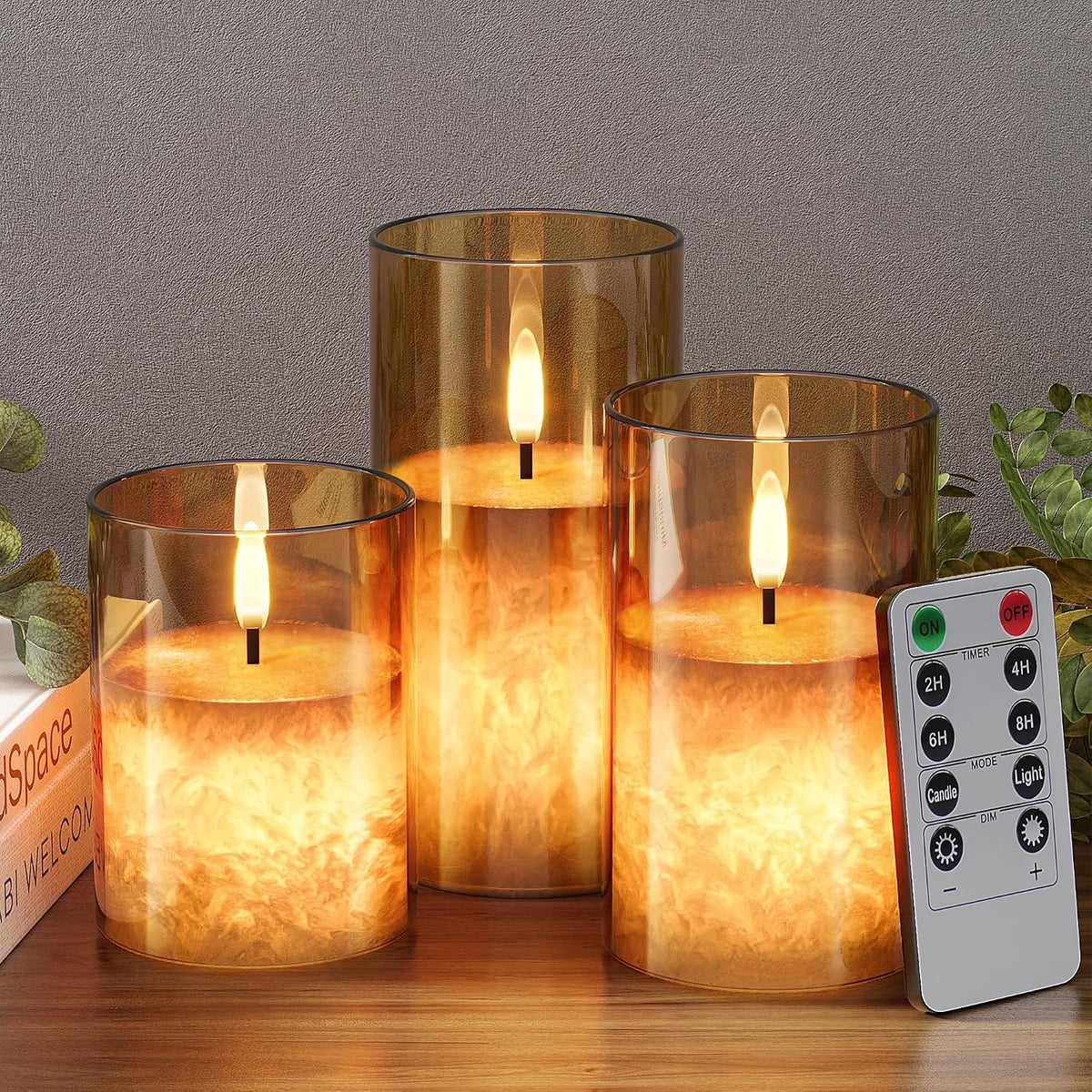 Battery Operated Flameless Candles with Remote & Timer, Gold Glass 3Pack | Real Wax Crystal Texture, D3×H4/5/6", 2/4/6/8H Timer, Dimming, Flickering Realistic LED Candles for Wedding Table Decor