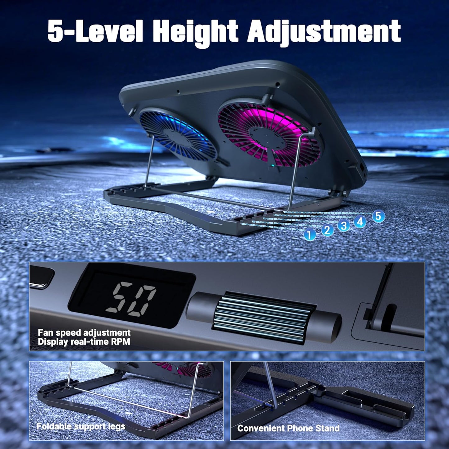 Dual-Core TEC Laptop Cooling Pad with Dual Stepless-Quiet Fans, 5-Height Adjustable Laptop Cooling Stand, 10-Level RGB for 13-17 Inch Laptops, Includes 15W Charger, Smoky Black