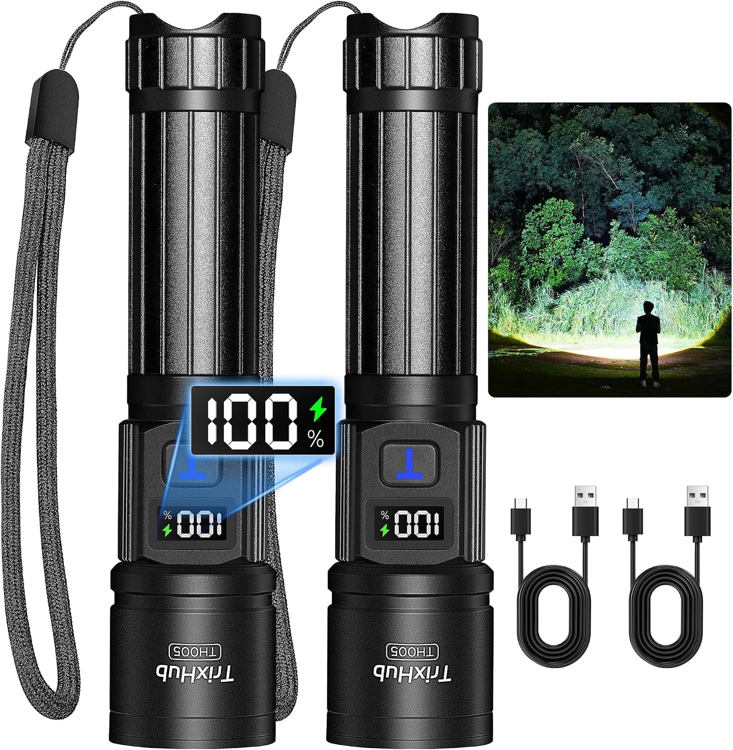 Rechargeable Flashlights 2 Pack Super Bright High Lumens Flashlight | LCD Digital Display, 5 Modes, USB C Charging, Zoomable Linternas, Powerful Handheld Flashlights for Home Emergencies Camping
