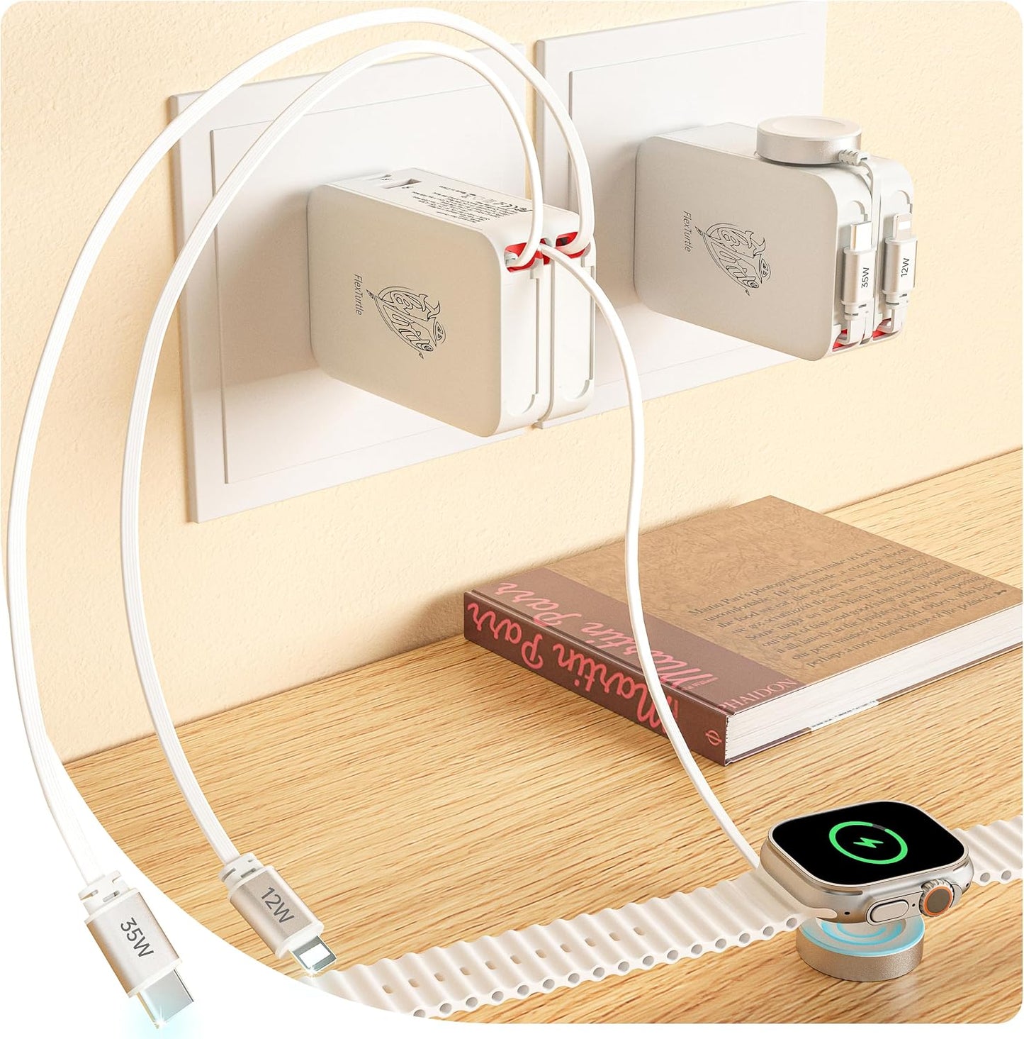 5-in-1 Retractable Apple Watch Charger, 35W Travel Wall Charger | Built-in 3.2ft USB-C, Older iPhone & Apple Watch Charging Cables, USB-A + USB-C Ports, Foldable Plug for Travel
