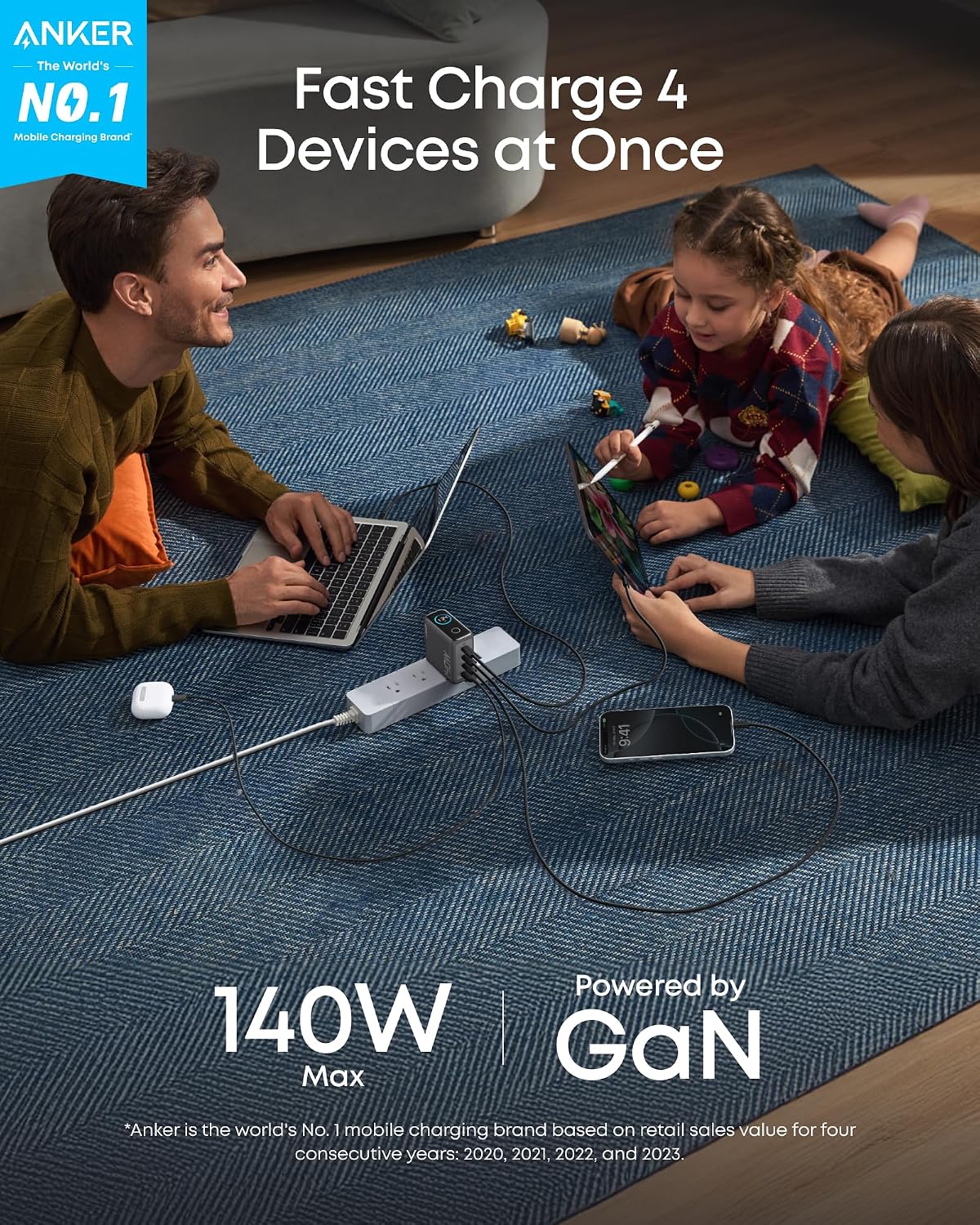 Anker 140W Max 4-Port GaN Charging Blocks,Smart Display for MacBook Charger | Fast Charger USB C Power Adapter with Touch Controls for Macbook Pro,iPad,iPhone 17/16 Series(Include 5FT Cable,Non-Battery)