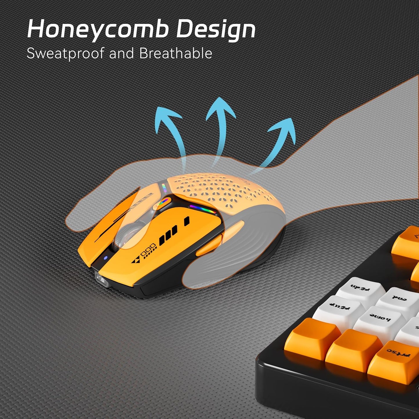 Uciefy Bluetooth Wireless Mouse, USB C Rechargeable Mice for Laptop-Orange | Tri-Mode BT5.0/5.1+2.4GHz, LED, Battery Level Visible, Honeycomb Magnetic Shell Cover, Portable, USB Receiver,Type C Adapter