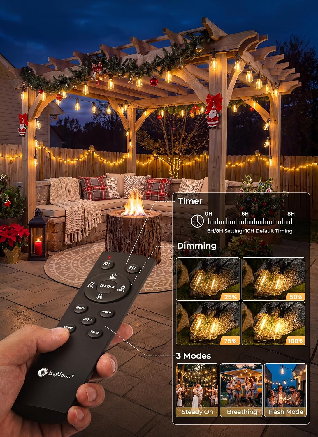 Brightown 52FT Solar String Lights Outdoor Waterproof, Up to 26Hrs Runtime | 15+1 LED Bulbs, USB & Solar Powered, Remote Control & Dimmable Timer, Ideal for Backyard, Garden, Camping & Party Decor
