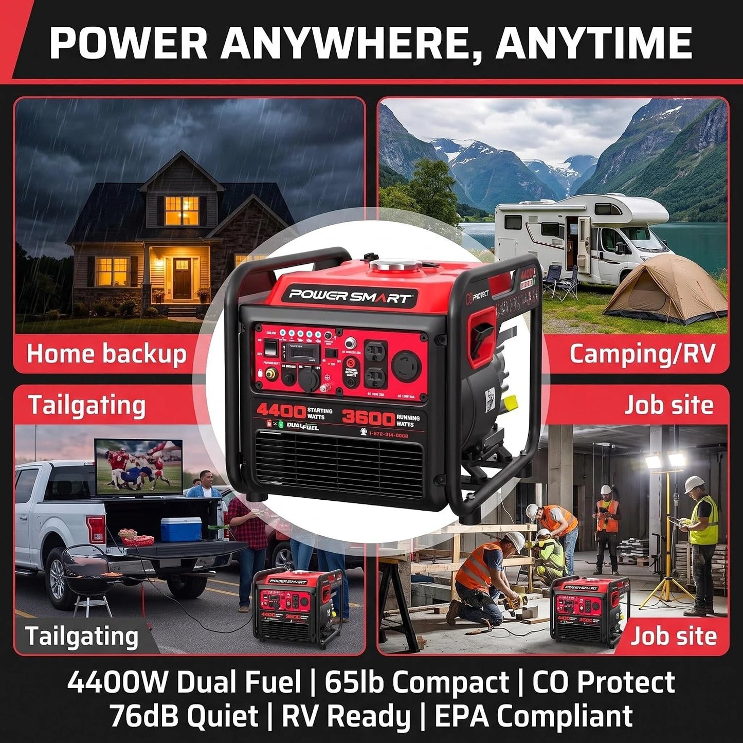 PowerSmart 4400W Dual Fuel Inverter Generator, Gas and Propane Portable Generator with 223cc Engine, 30A RV Ready, Auto Switch, EPA, CO Sensor, Parallel Ready, for Home Use, Camping Outdoor | 2026