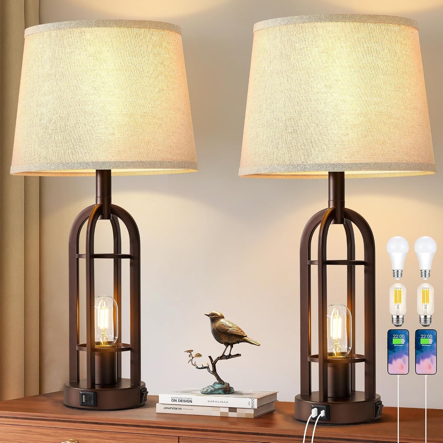 SRJJA Black Table Lamps for Living Room Set of 2 - Farmhouse Lamps for Night Stands with USB A+C, Bedside Lamps for Bedroom, 24'' Industrial Lamp for Living Room End Tables