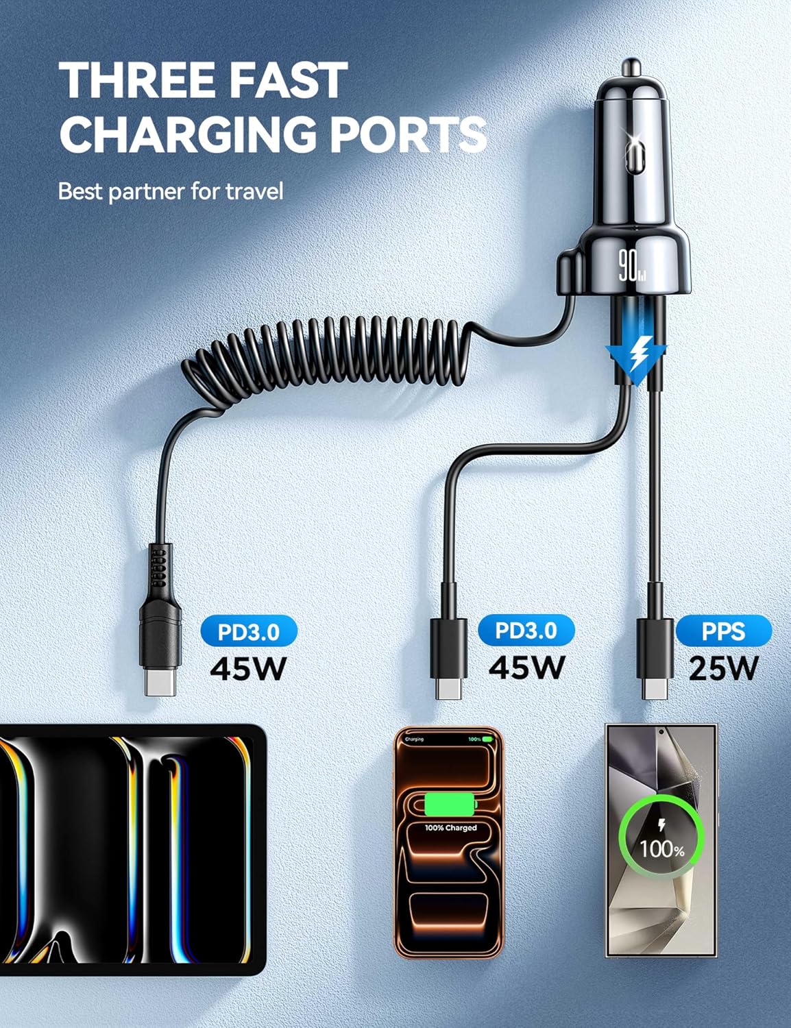 FLYLEADV 90W Car Charger USB C Fast Charge, PD45W for iPhone 17/16 Pro Max | 3-Port PD&QC3.0, 5ft Type C Coiled Cable, Super Fast Cigarette Lighter Adapter for Samsung S26/S25/S24, Pixel Android, iPad
