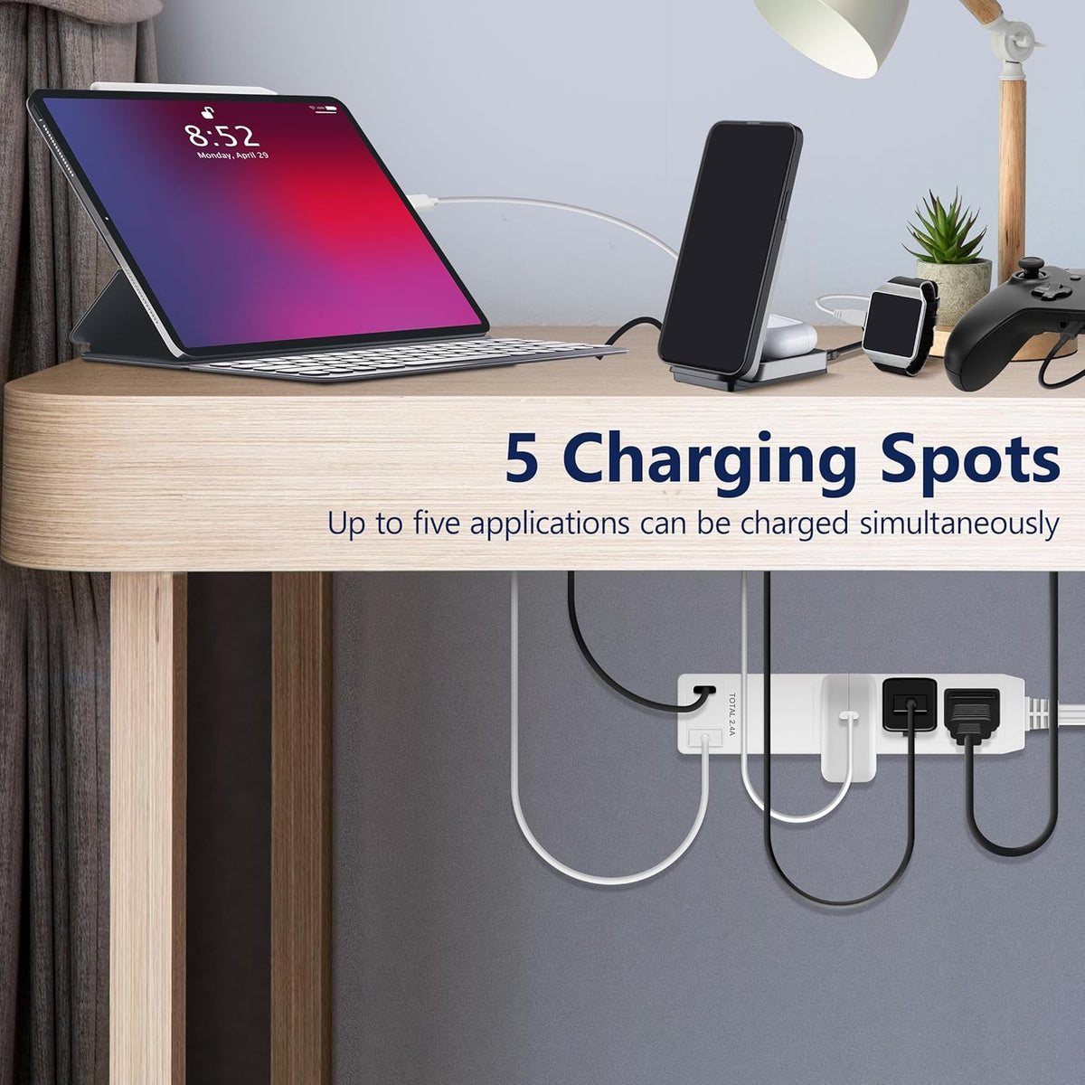 LIDER Flat-Face Outlet Extender, 3 Receptacles, USB-A & C, 3ft Cord, 1625W