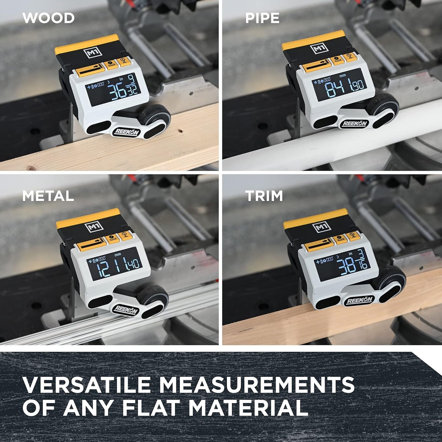 REEKON M1 Caliber Digital Measuring Tool for Miter Saws | Eliminates Tape Measure & Pencil, Fast Repeatable Cuts, English & Metric Display, Broad Saw Compatibility, Job Site Ready