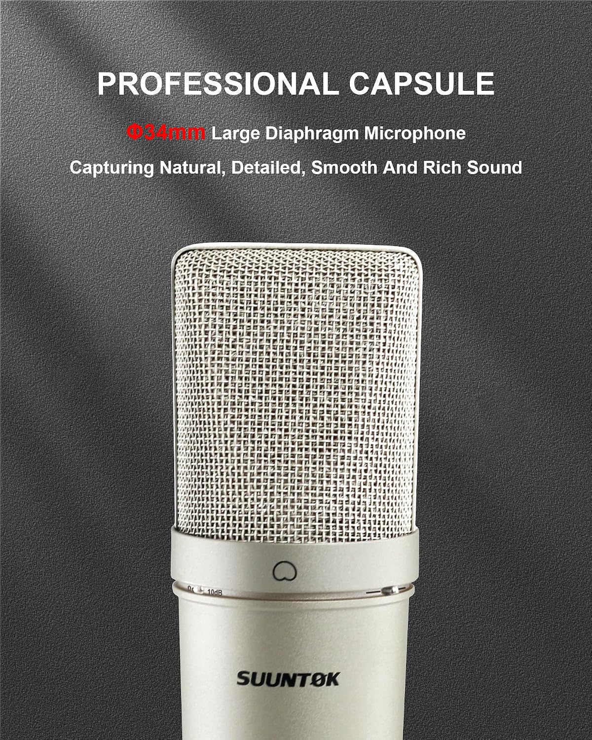 XLR Microphone, Professional Condenser Microphone with 34mm Large Diaphragm, Cardioid Studio Recording Mic Computer Gaming PC TM87KB Mic Kit for Singing, Podcasting, YouTube (Silver)