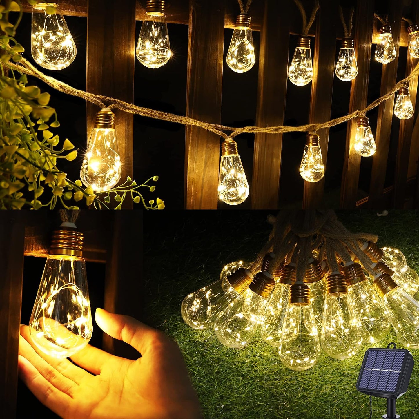 Solar Outdoor String Lights, 20Ft Vintage Rope Hemp Solar Patio Lights | Waterproof Warm White Solar Powered String Lights With 8 Modes 16 Shatterproof Bulbs for Garden Fence Stairs Balcony Bistro