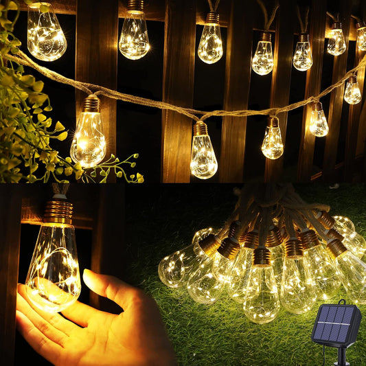 Solar Outdoor String Lights, 20Ft Vintage Rope Hemp Solar Patio Lights | Waterproof Warm White Solar Powered String Lights With 8 Modes 16 Shatterproof Bulbs for Garden Fence Stairs Balcony Bistro