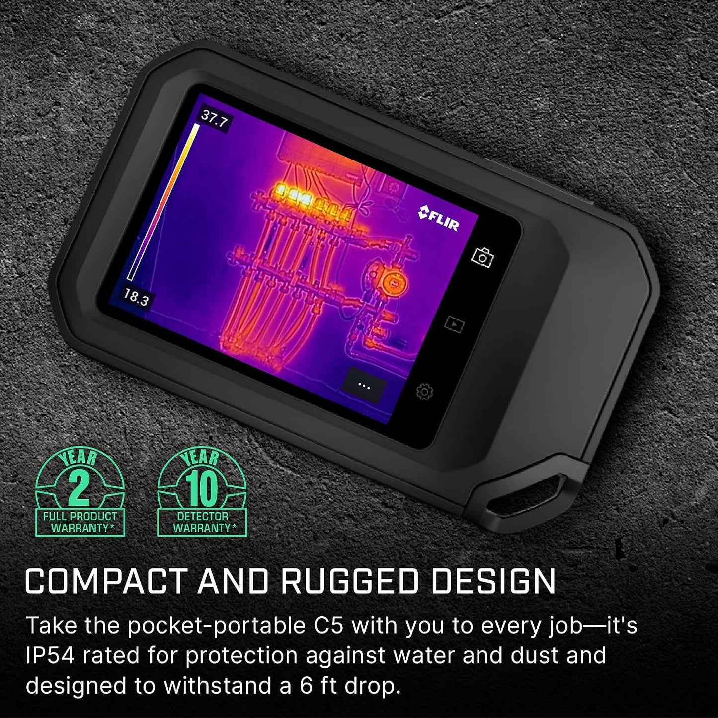 Flir C5 Compact Thermal Imaging Camera, WiFi, 160x120 MSX, Ignite | -20 to 400C, 5MP visual, LED flashlight, Ignite cloud, pocket, battery, charger, case