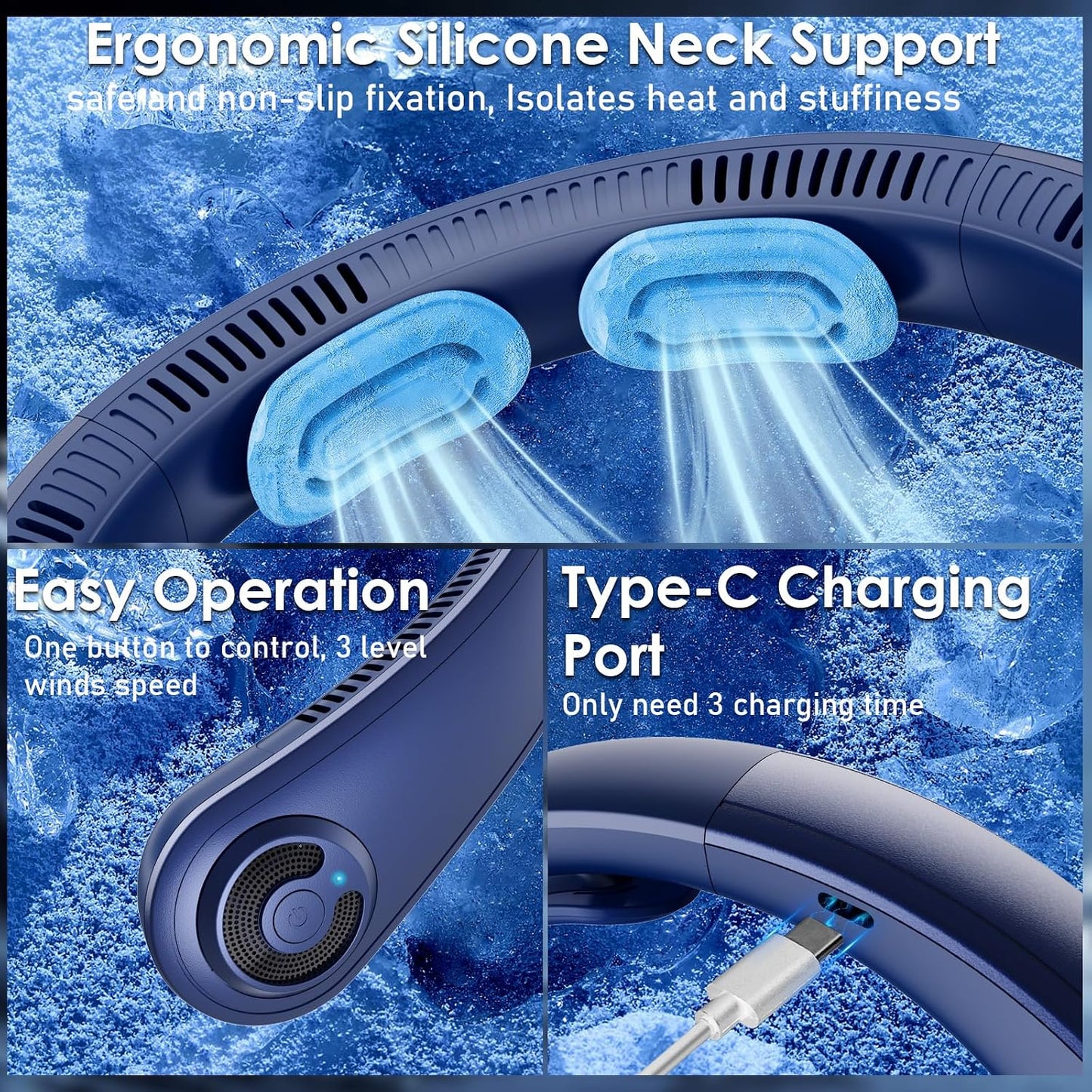 Portable Neck Fan with Neck Support, 5 Speeds, Lightweight, Rechargeable Personal Hands Free Wearable Neck Fans that Blow Cold Air for Hot Flashes, Disneyland, Travel Essentials, Gifts for Men Women