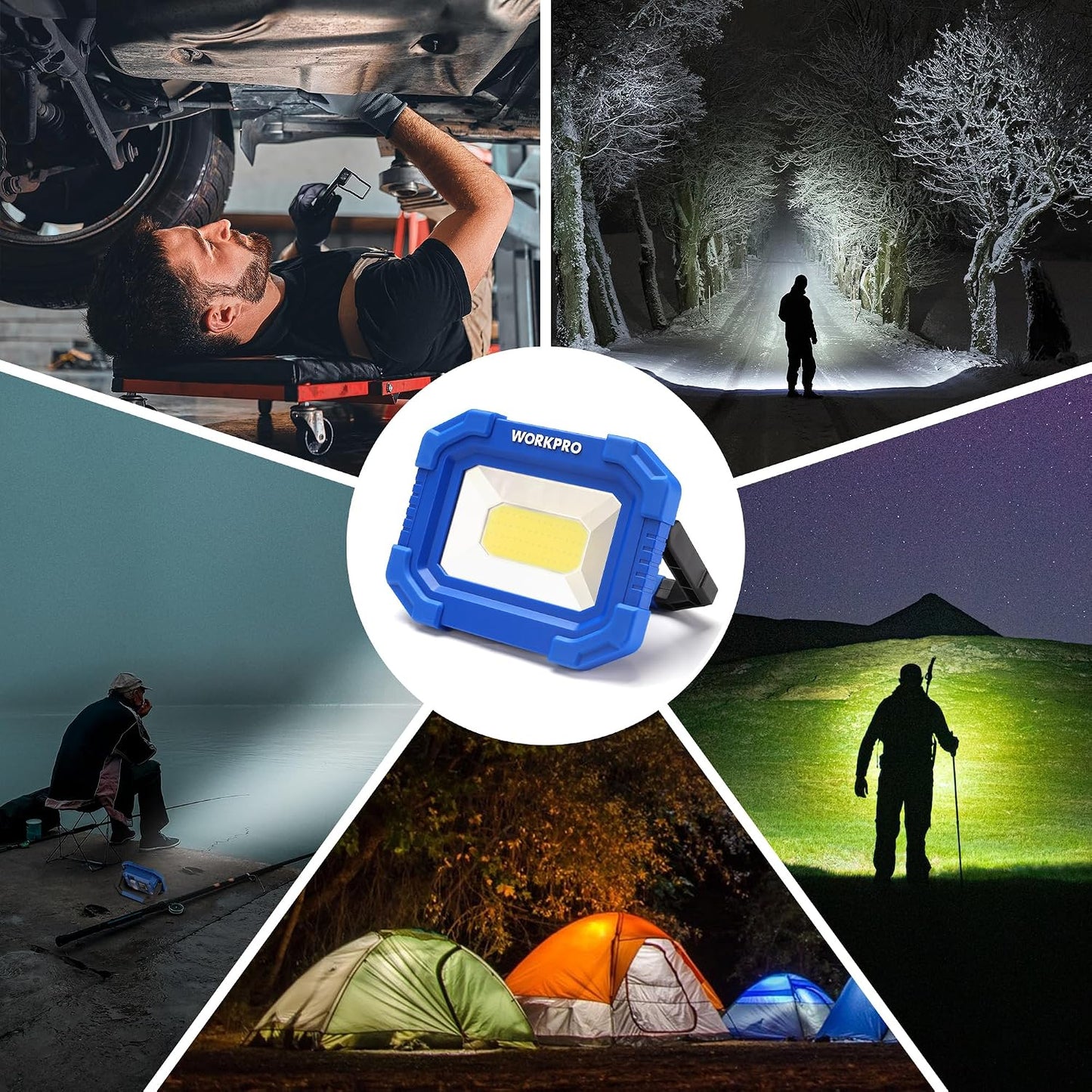 WORKPRO LED Work Light, Rechargeable Magnetic Work Lights, 2000LM, 4 Modes | Portable Flood Light with Stand, for Camping, Fishing, Car Repair, Job Site Lighting, Hiking, 2 Pack