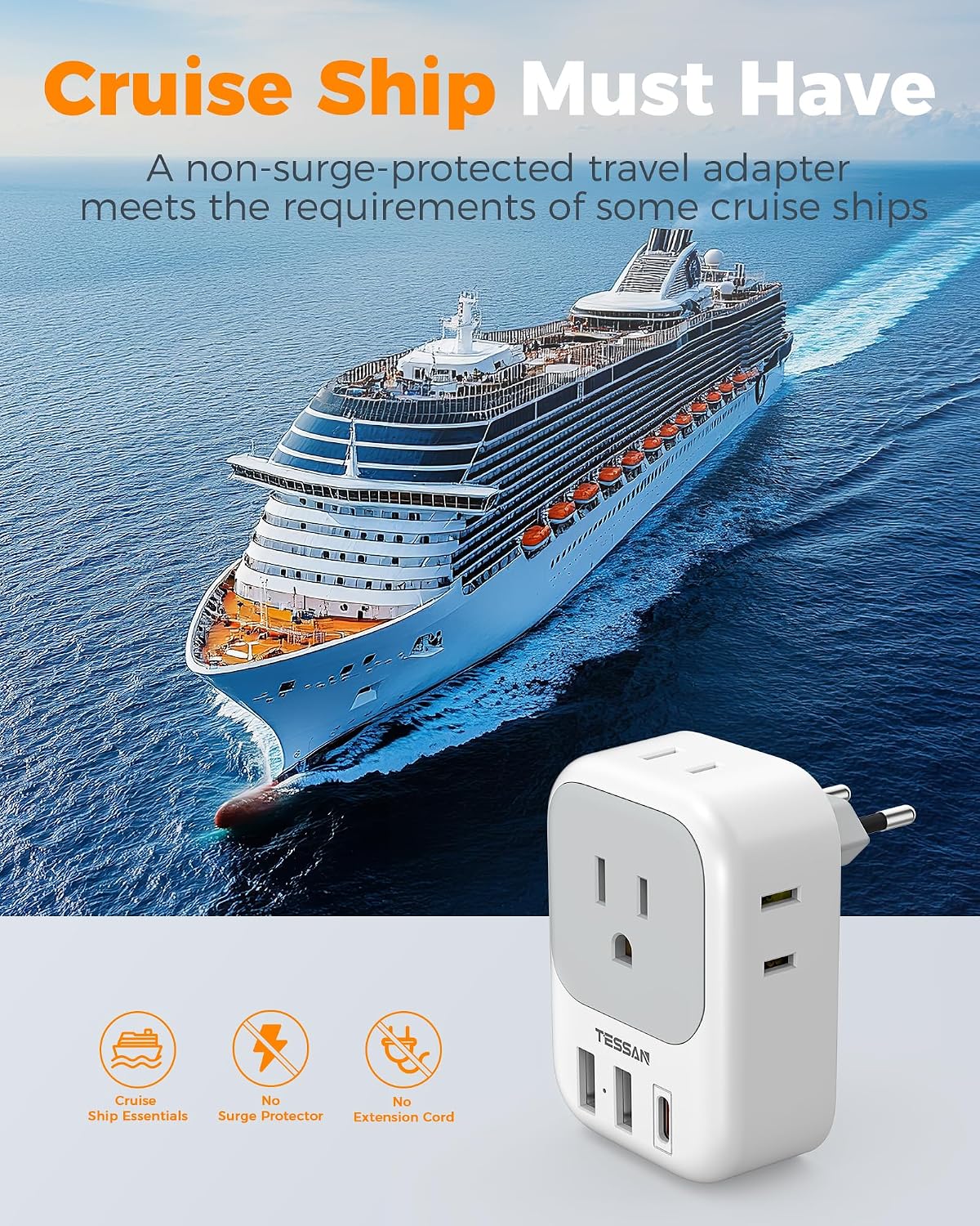TESSAN 2 Pack European Travel Plug Adapter, Europe Power Converter | 4 Outlets 3 USB (1 USB C PD 20W), Type C International Plug, For Italy Spain France Portugal Iceland Germany
