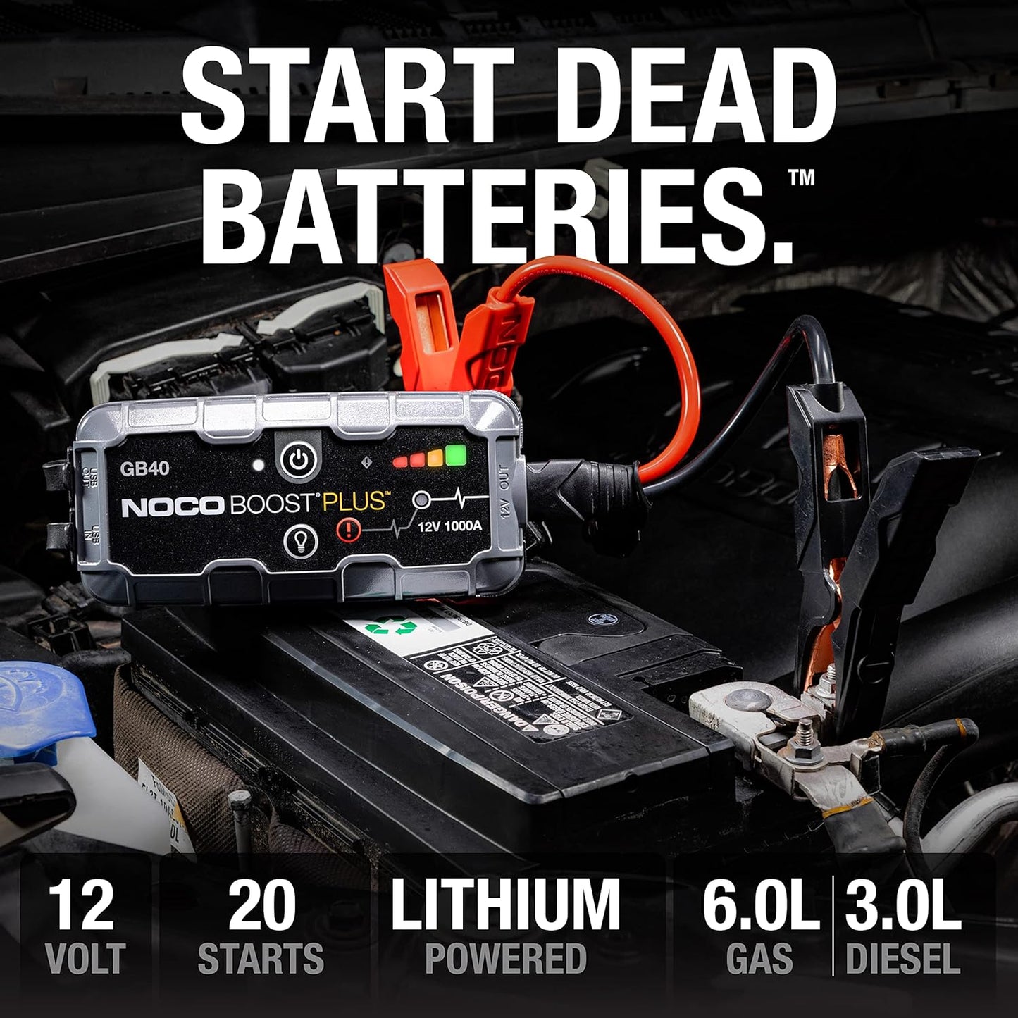 NOCO Boost GB40 12V 1000A UltraSafe Portable Lithium Jump Starter | Spark-Proof & Reverse Polarity Protection, For Car, Truck, Motorcycle, SUV, Boat, ATV, RV, up to 6.0L Gas & 3.0L Diesel