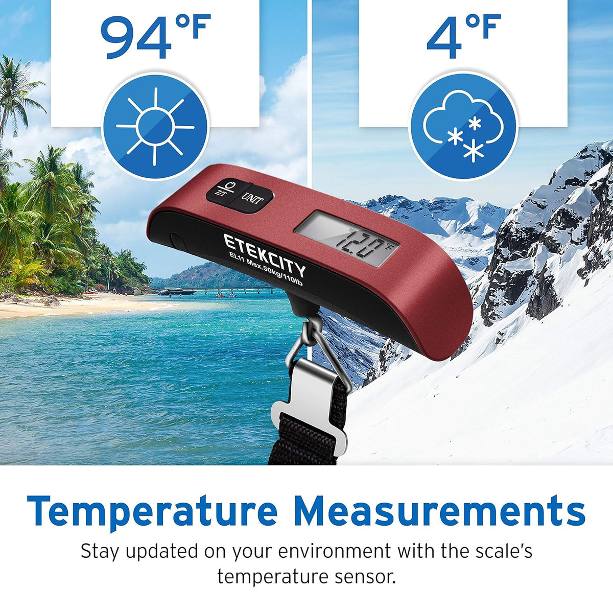 Etekcity Luggage Scale, Digital Weight Scales for Travel Accessories Essentials Suitcases , Portable Handheld Scale with Temperature Sensor, Rubber Paint, 110 Pounds, Battery Included