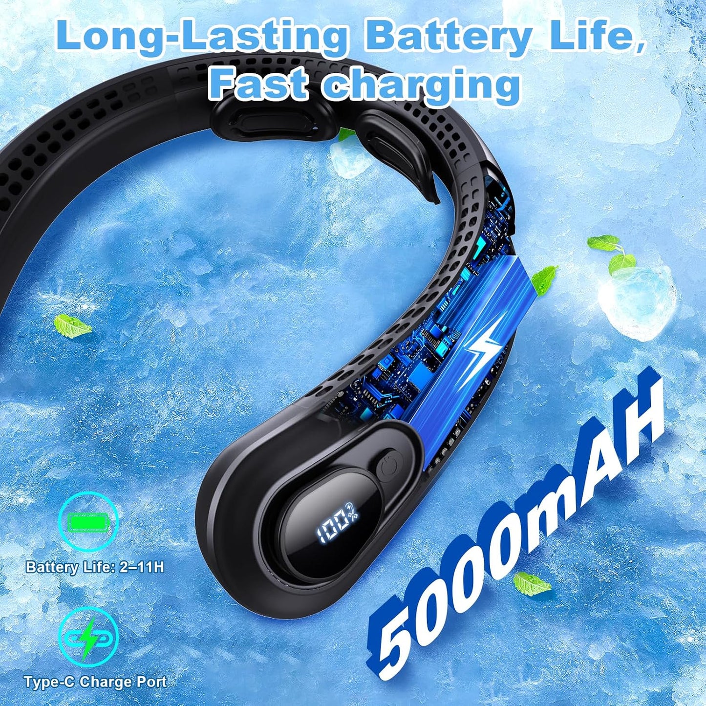 Portable Neck Fan Rechargeable - [with LED Display] 5 Speeds, 5000 mAh Battery Operated Wearable Personal Cooling Bladeless Fan for Outdoor Travel, Gifts for Men Women Kids,Black