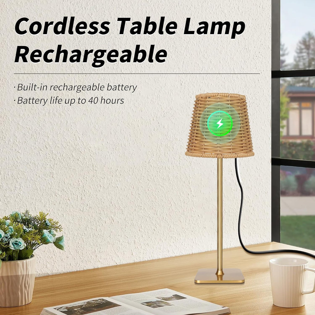 Mr. White Outdoor Waterproof Cordless Wireless Rechargeable Portable Top Touch Battery Operated Powered LED Table Lamp Desk Lamp Lights for Restaurant Kitchen Patio Dinner Dining (Gold)