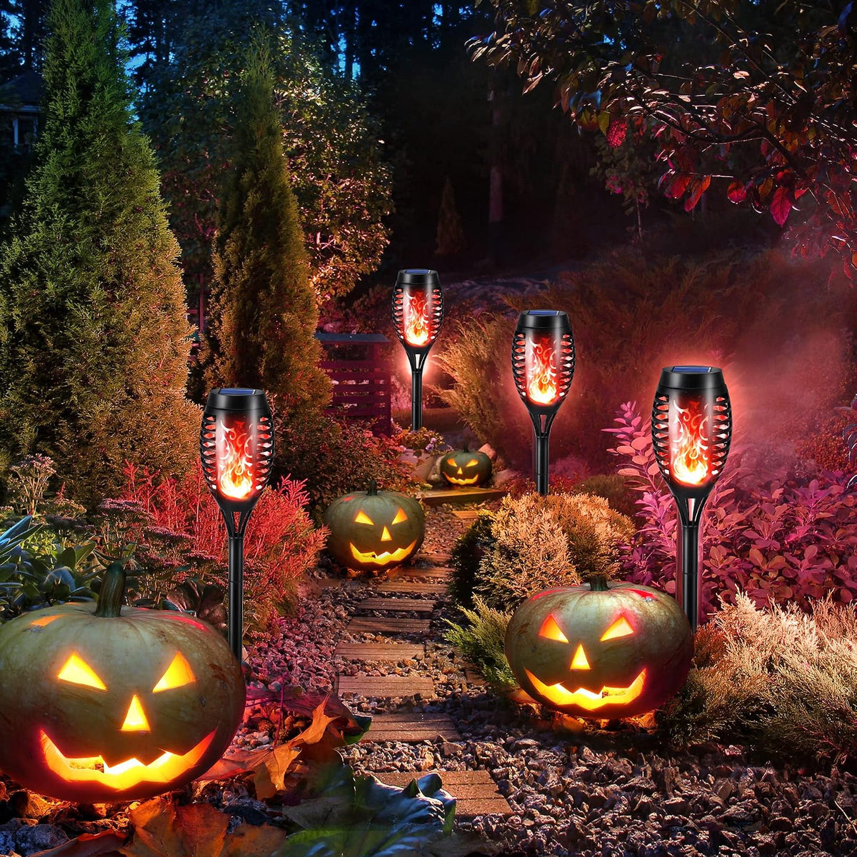 Toodour Solar Torch Flame Lights, 12 Pack Solar Halloween Lights Outdoor | with Flickering Flame, Waterproof Patio Light Landscape Decoration Lighting for Garden Yard Outdoor Halloween Decor - Red
