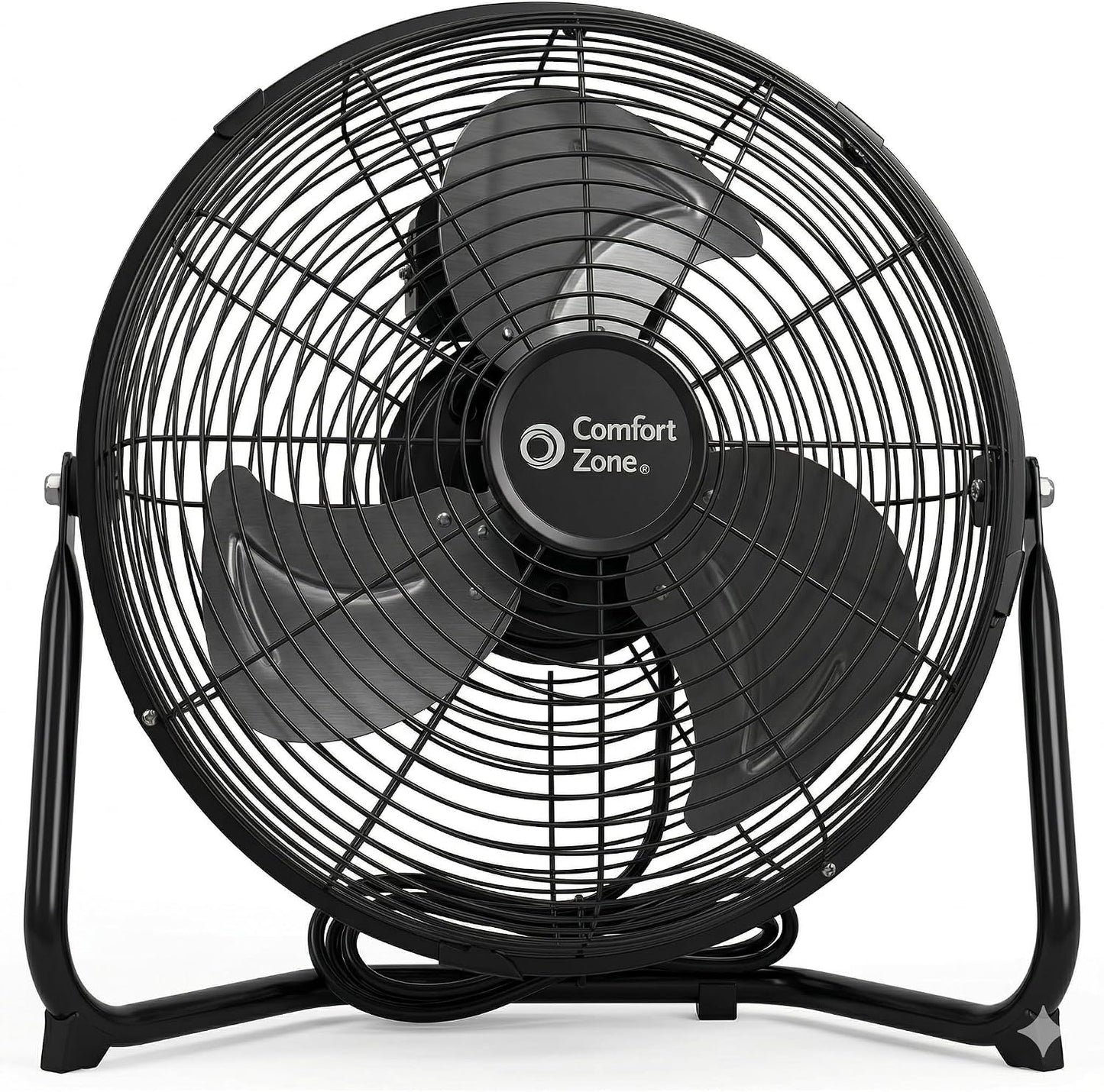 Comfort Zone 9 inch Cradle Fan, 3 Speed Floor or Table Fan with180 Degree Tilt, Metal Construction and Aluminum Blades, Carry Handle, Rubber Feet, Ideal for Bedroom, Workshop, or Garage, Black