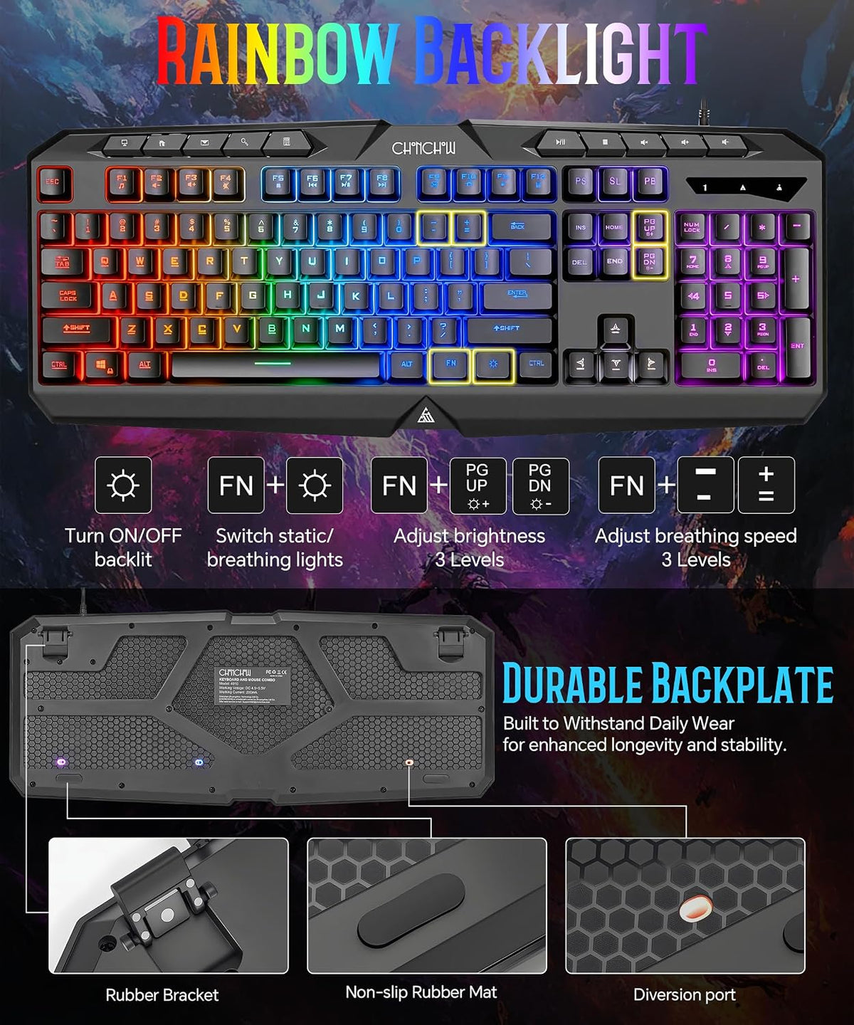 Light Up Gaming Keyboard Wired for PC PS5 Computer, USB Plug & Play, Quiet | 19-Key Anti-Ghosting, 12 Multimedia Keys, 114 Membrane Keys, Waterproof, Rainbow LED, Mechanical Feeling for Windows Gamer