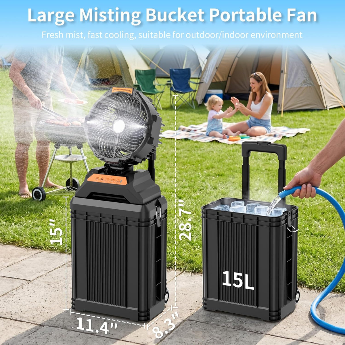 WESTTREE Misting Fan Portable Rechargeable with 4 Gal Large Bucket, Mist Fan with Retractable Handle & Oscillating Mister Outdoor Camping Cooling Fan for Patio/Beach/Fishing/Golf/Travel Essentials