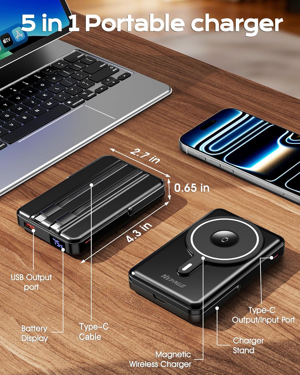 for Magsafe Portable Charger, 10000mAh Power Bank, Dark Black | PD 22.5W Fast Charging with USB-C Cable, Foldable Stand, Magnetic Wireless Charger for iPhone 17/16/15/14/13/12 Series