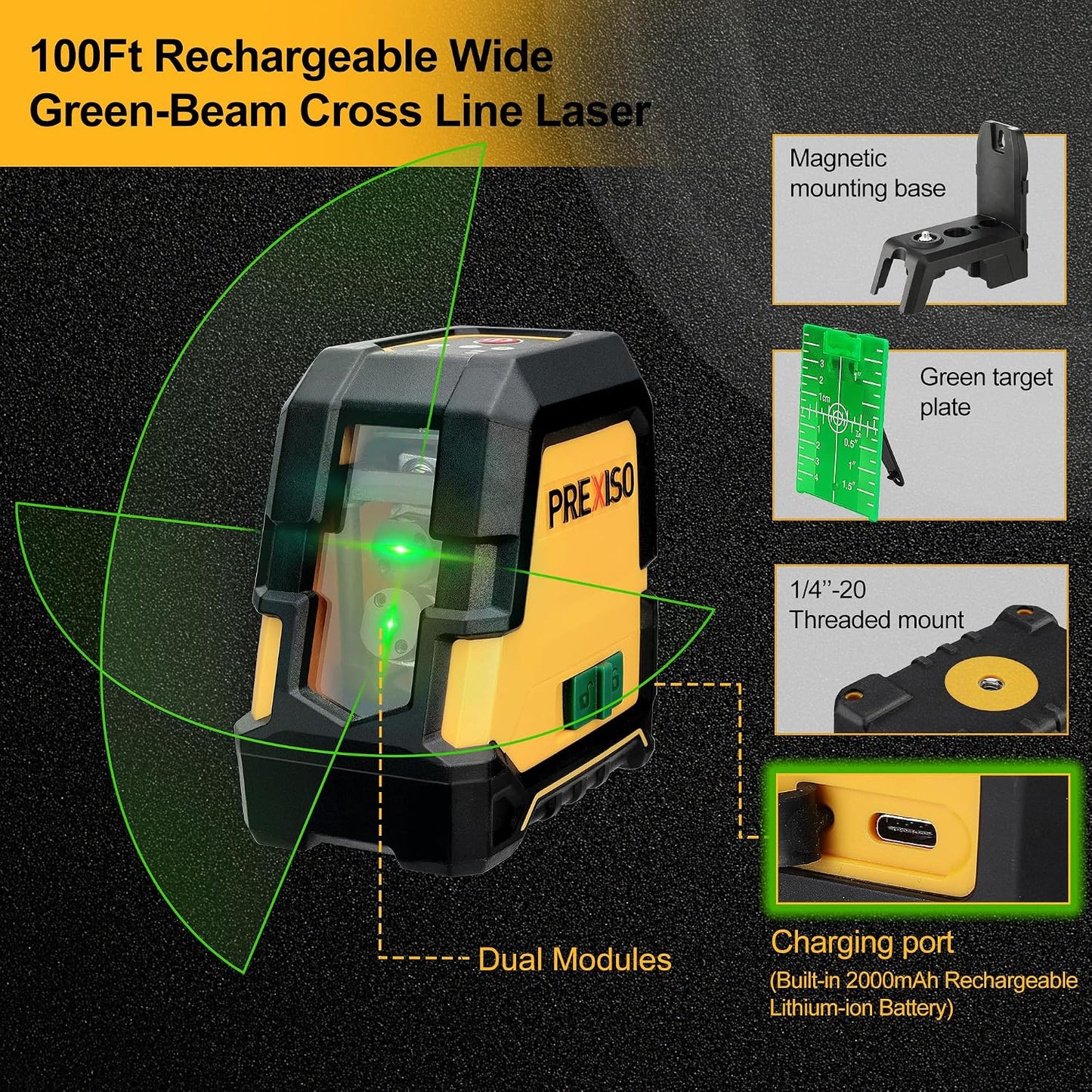 PREXISO Laser Level with Tripod, 100Ft Rechargeable Dual Modules Line Laser | Self Leveling Wide Angle Cross Leveler Tool for Construction, Floor Tile Renovation with Magnetic Base, Target Plate, Bag