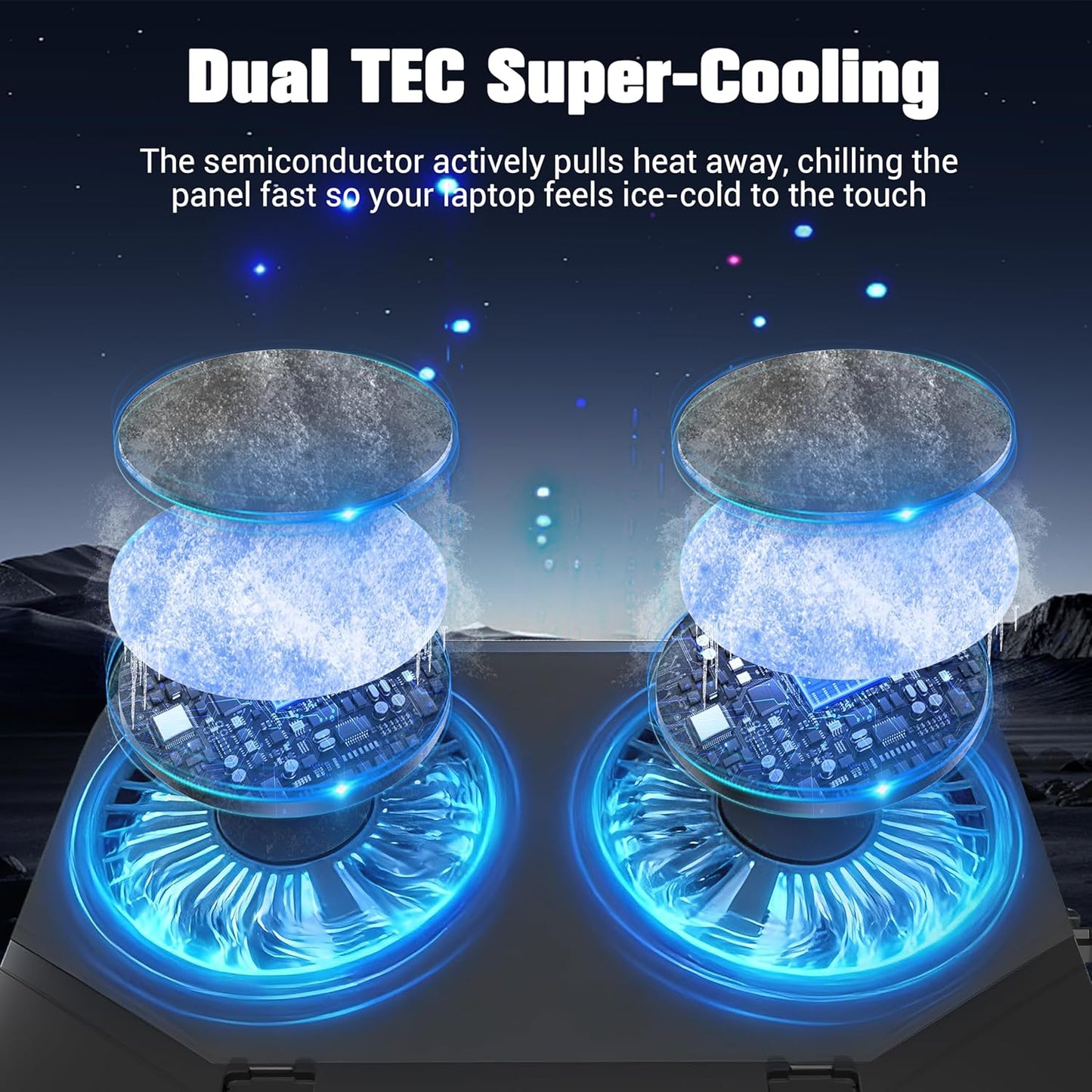 Dual-Core TEC Laptop Cooling Pad with Dual Stepless-Quiet Fans, 5-Height Adjustable Laptop Cooling Stand, 10-Level RGB for 13-17 Inch Laptops, Includes 15W Charger, Smoky Black