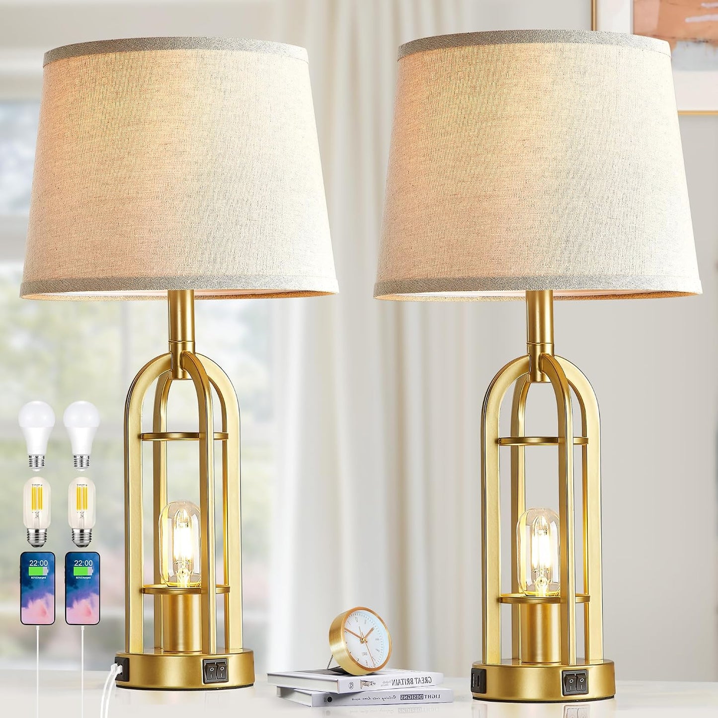 SRJJA Black Table Lamps for Living Room Set of 2 - Farmhouse Lamps for Night Stands with USB A+C, Bedside Lamps for Bedroom, 24'' Industrial Lamp for Living Room End Tables