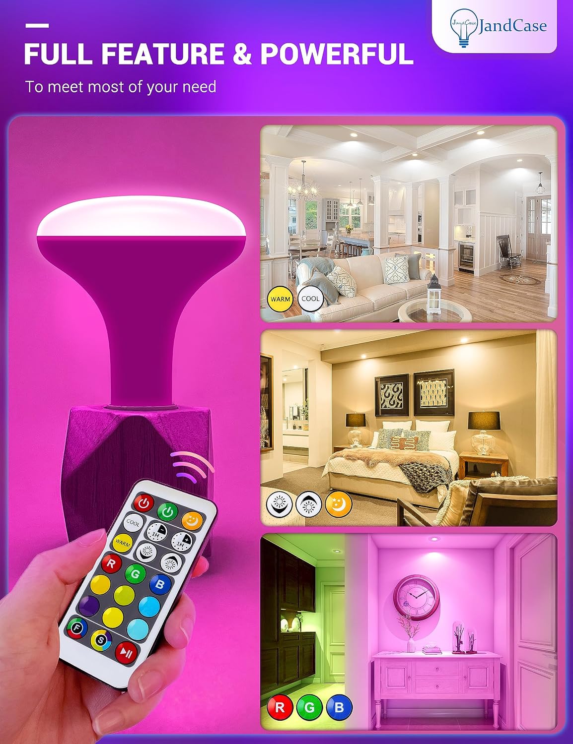 JandCase BR30 Color Changing Light Bulb,RGB+Warm+Cool White LED Flood Light