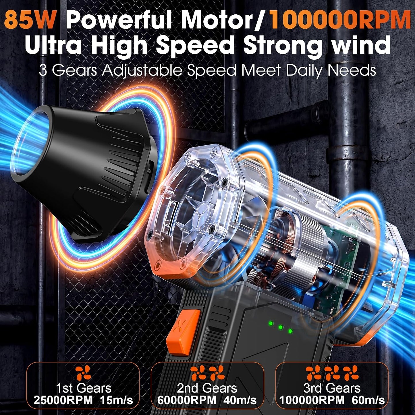 Compressed Air Duster, 3-Gear Adjustable, 100000RPM Electric Air Duster | Super Power Mini Blower, 4000mAh Rechargeable Battery, Fast Charging, Dust Remover for PC Keyboard/Outdoor/Car