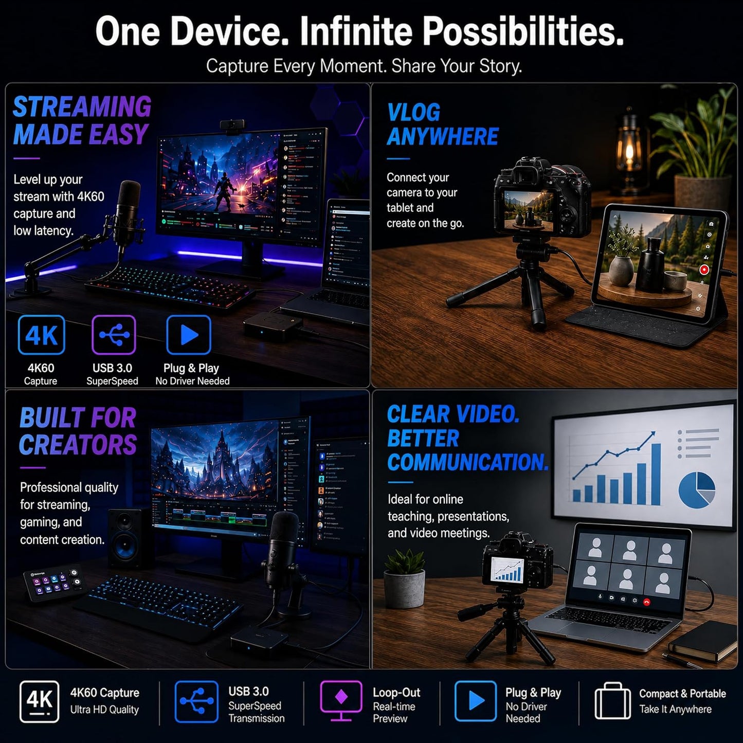 Guermok 4K@60FPS Capture Card for Streaming, 2K@120FPS USB3.0 HDMI Capture | for USBC Camera Video Capture, 4K60 Passthrough, 3.5mm Audio in & Mic Out, Works with Switch 2/1, PS5/4, Xbox, Pad, Mac, PC
