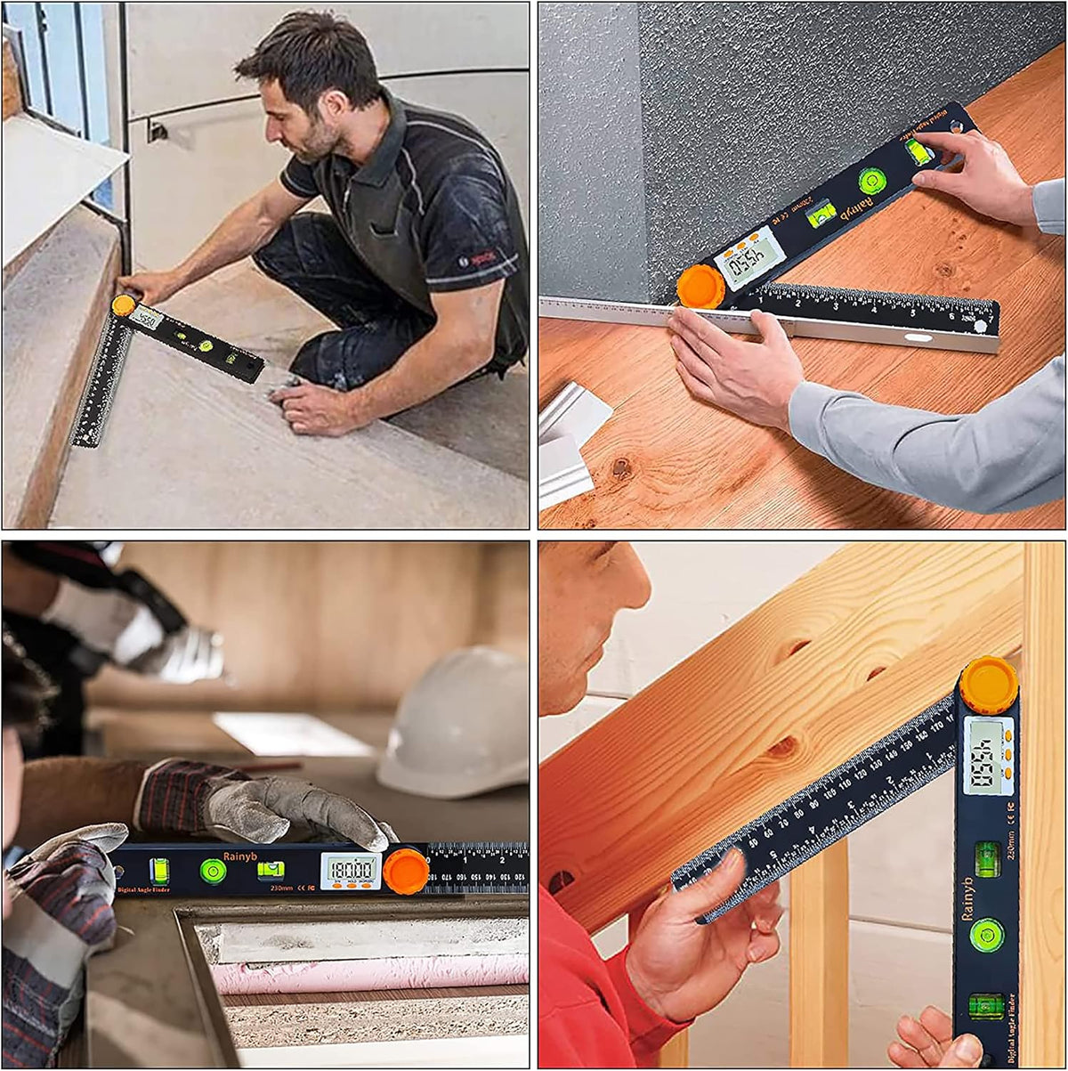 Rainyb Digital Angle Finder Tool 7inch 0-360 degree LED Digital Protractor with Horizontal Vertical Bubble Levels and Ruler Meter Accurate Tools for Carpenters,Woodworkers,Fabricators