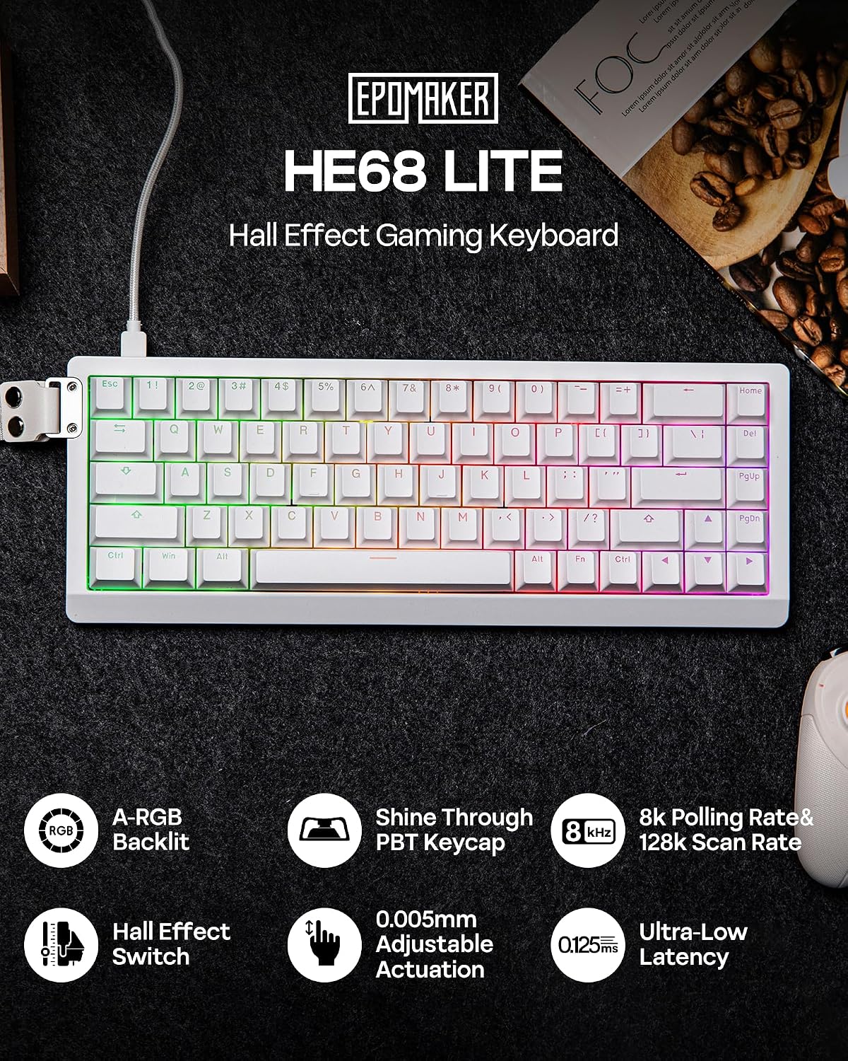 EPOMAKER HE68 Lite Hall Effect Gaming Keyboard, 8k Polling & 128K Scan Rate, 0.01mm Adjustable Trigger, 0.125ms Latency, 5-Layer Sound-Dampened, Snap Key, SOCD, A-RGB, Wired, Mac Software (White)