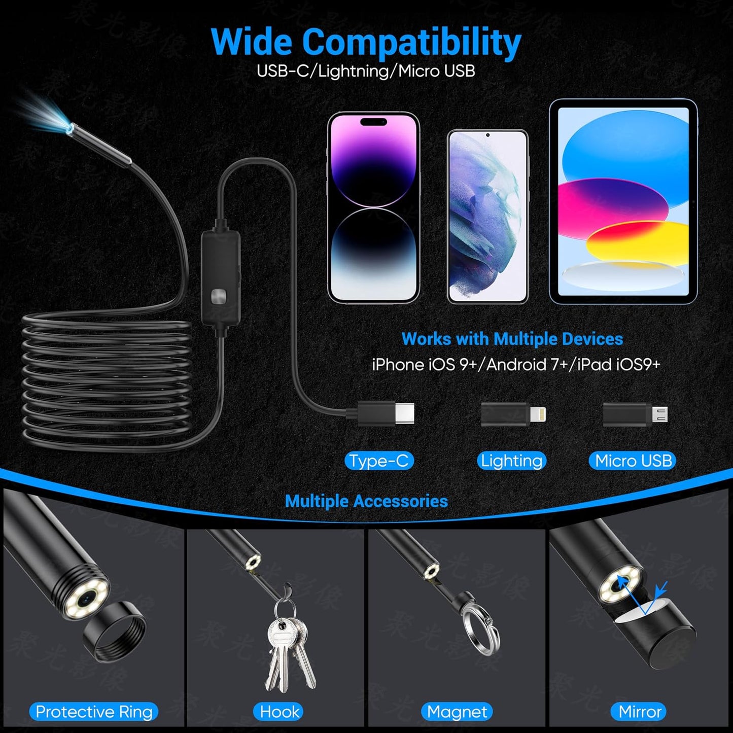 Endoscope Camera with Light,1920P HD Borescope with 8 Adjustable LED Lights | Endoscope with Semi-Rigid Snake Cable, IP67 Waterproof Inspection Borescope for iOS and Android-16.4ft Single Lens