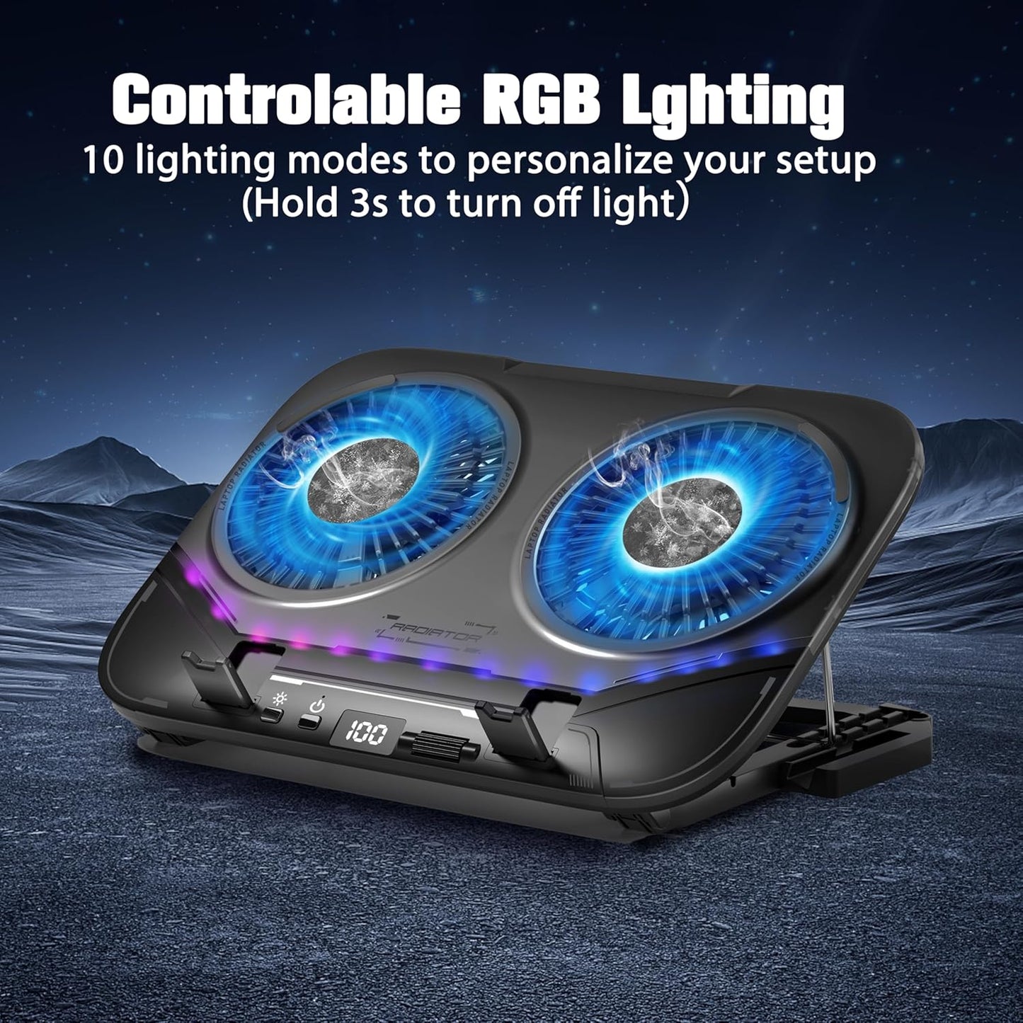 Dual-Core TEC Laptop Cooling Pad with Dual Stepless-Quiet Fans, 5-Height Adjustable Laptop Cooling Stand, 10-Level RGB for 13-17 Inch Laptops, Includes 15W Charger, Smoky Black
