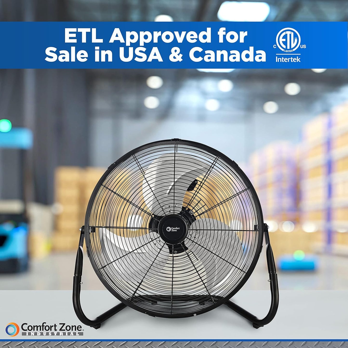 Comfort Zone Cradle Floor Fan, Electric, High-Velocity,180 Degree Adjustable Tilt, 18 inch, 3 Speed, Carry Handle, Rubber Feet, Metal, Airflow 19.36 ft/sec, Ideal for Garage or Workshop, CZHV18BK