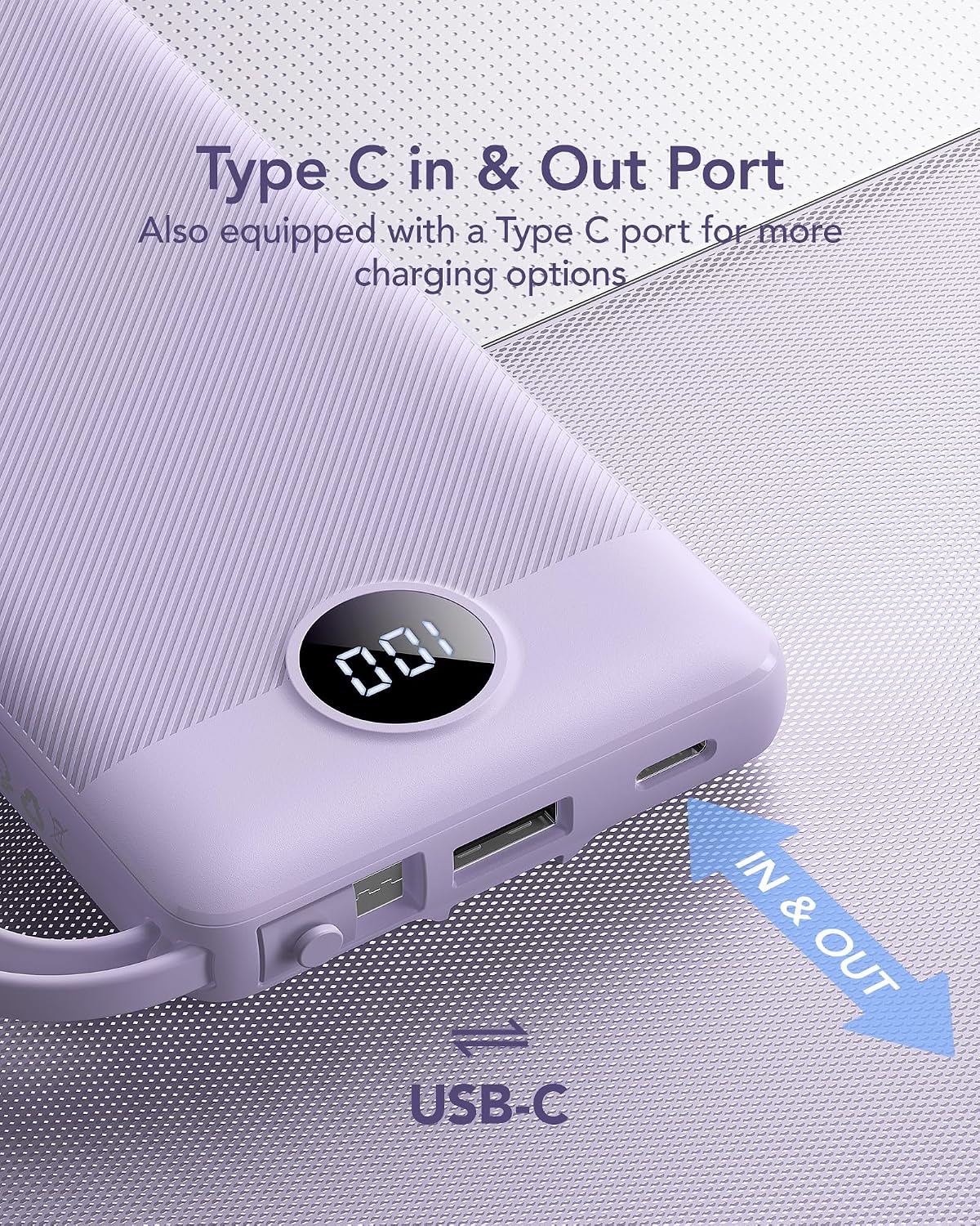 VRURC Portable Charger Power Bank, USB C Battery Pack 10000mAh, Flight-Safe Travel Essentials, 5 Outputs 2 Inputs Slim Phone Charging Bank Built-in Cables for Multi Devices-Lavender(1 Pack)