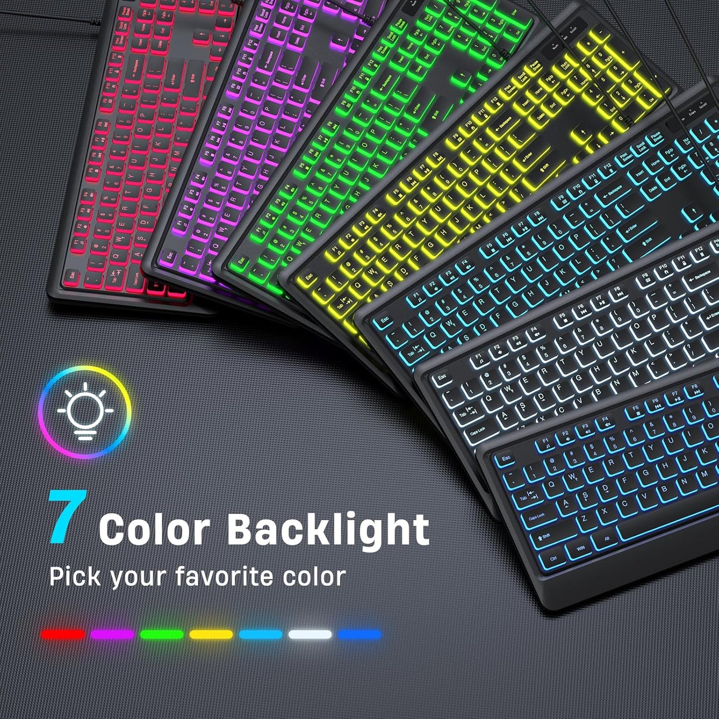 Luzarriba Backlit Computer Keyboards, Wired USB LED Keyboard with 7 Colors Backlight, Plug and Play, Waterproof, Full Size Quiet Computer Keyboard for Windows Desktop, PC, Laptop, Gaming