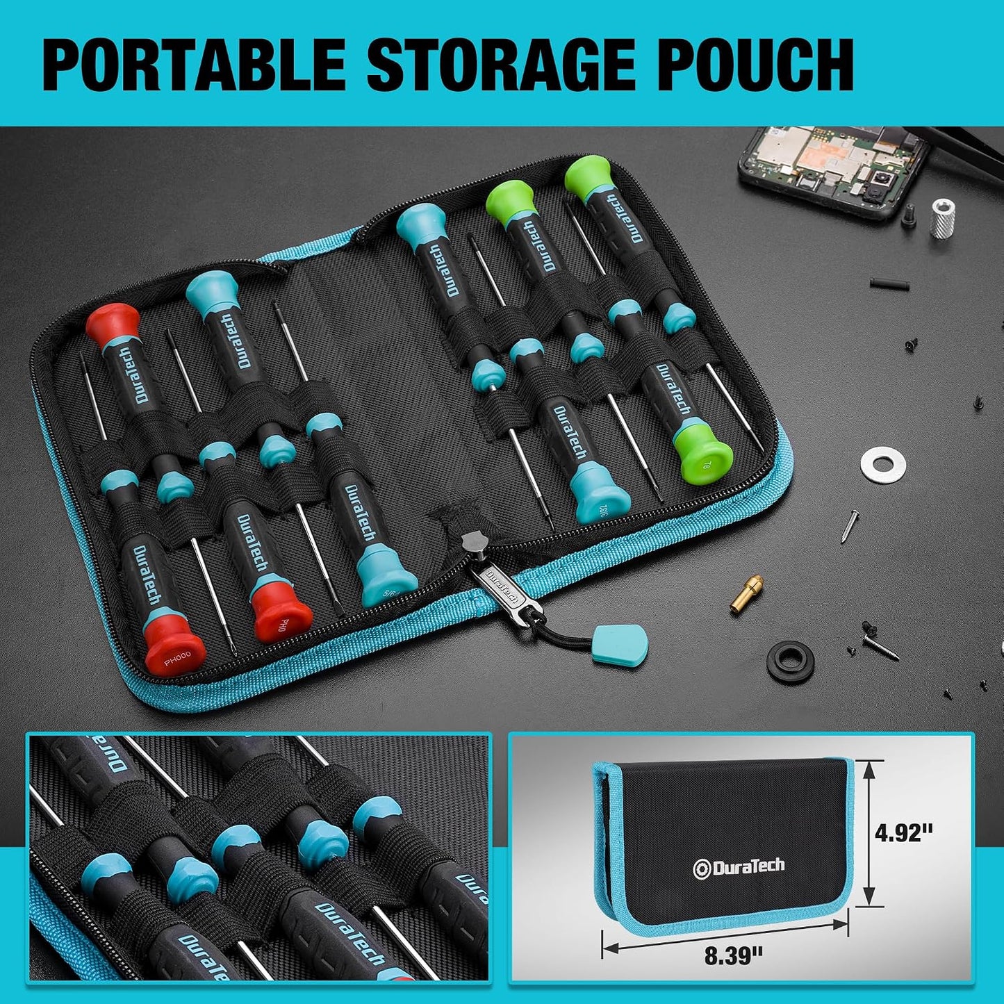 DURATECH 10 PCS Magnetic Precision Screwdriver Set, Phillips, Slotted, Torx | Cr-V Steel Construction, Non-Slip Grip, with Storage Pouch, Repair Tool Kit for Eyeglasses, Watches, Laptops, Phones